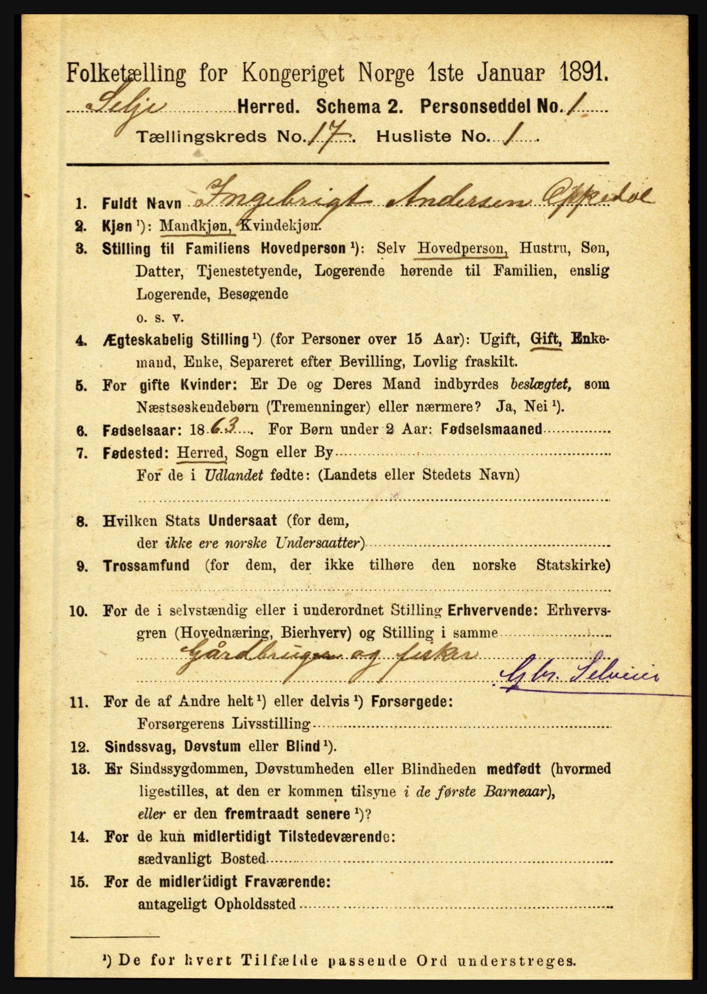 RA, 1891 census for 1441 Selje, 1891, p. 5583