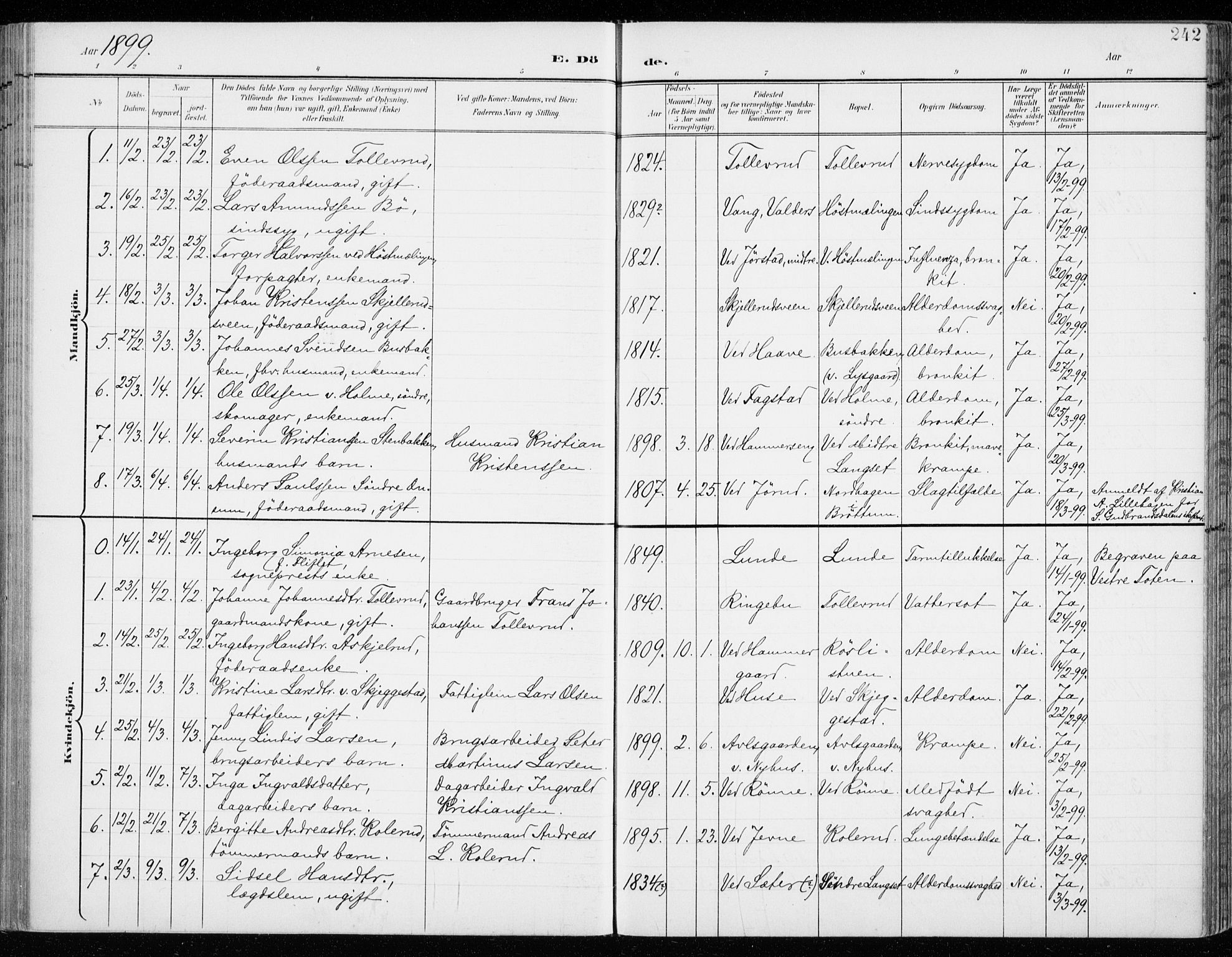 Fåberg prestekontor, AV/SAH-PREST-086/H/Ha/Haa/L0011: Parish register (official) no. 11, 1899-1913, p. 242