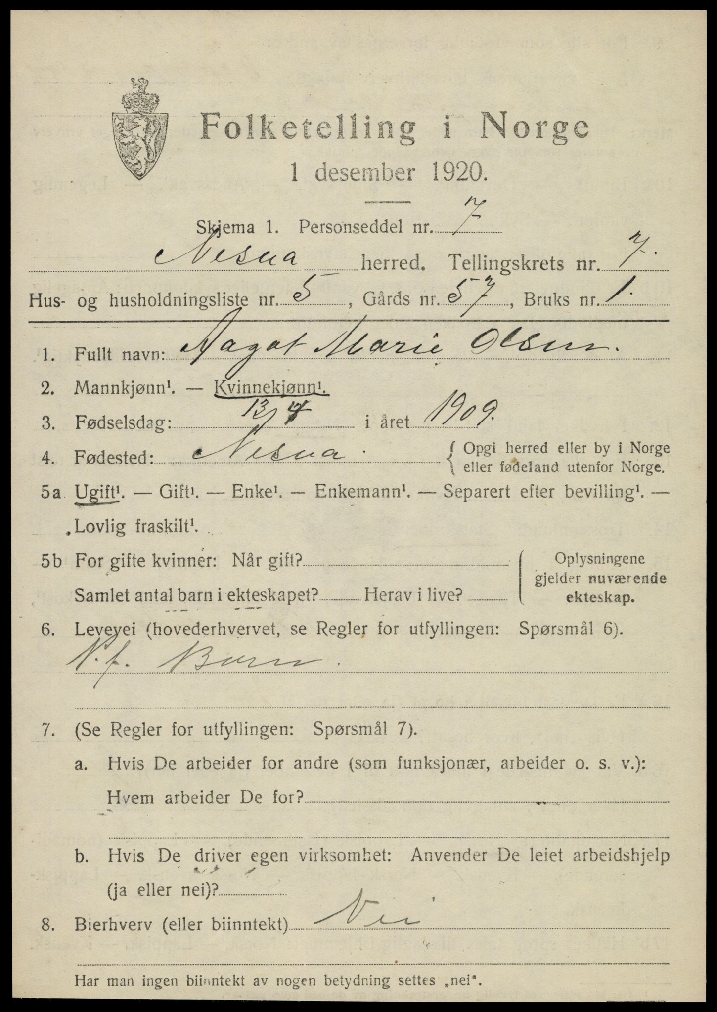 SAT, 1920 census for Nesna, 1920, p. 5325