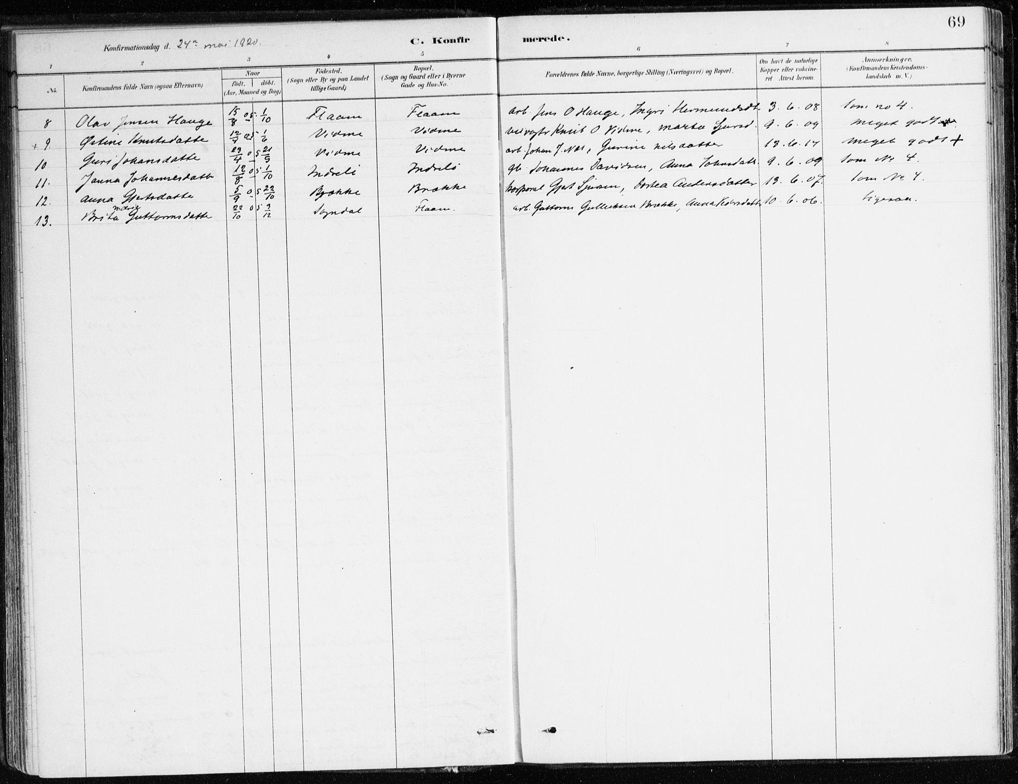 Aurland sokneprestembete, SAB/A-99937/H/Ha/Hac/L0001: Parish register (official) no. C 1, 1880-1921, p. 69