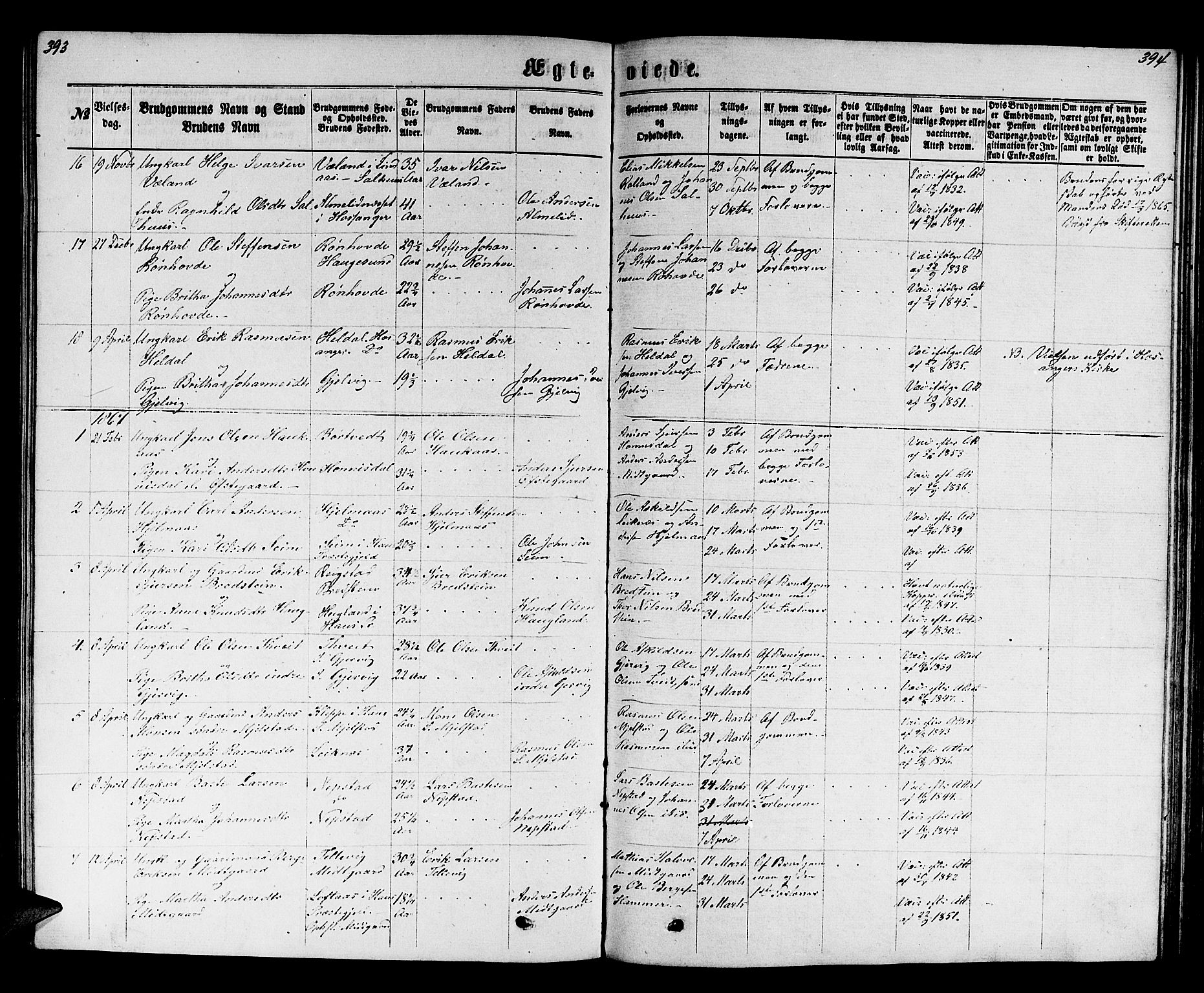 Hamre sokneprestembete, SAB/A-75501/H/Ha/Hab: Parish register (copy) no. B 2, 1863-1880, p. 393-394