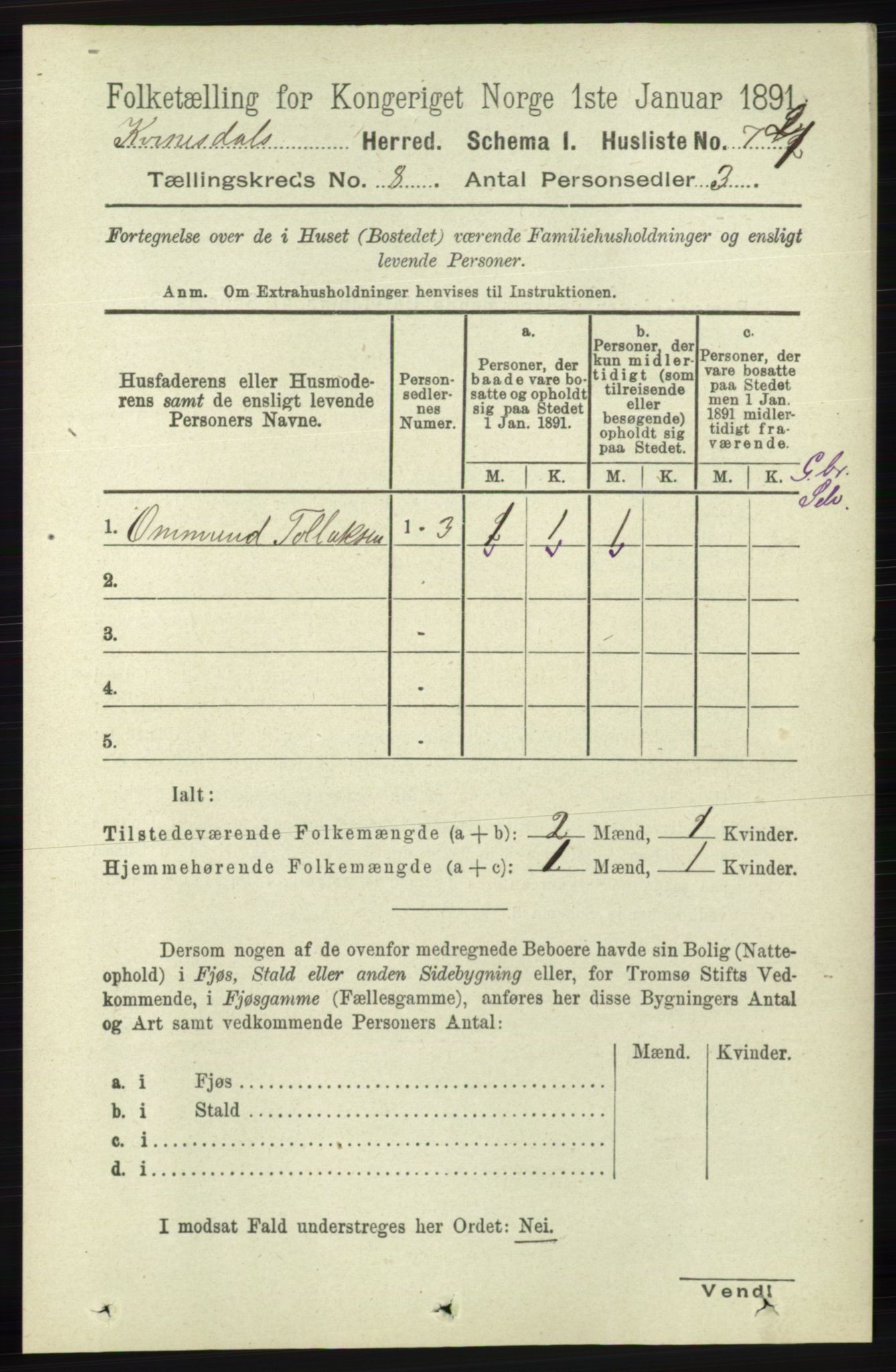 RA, 1891 census for 1037 Kvinesdal, 1891, p. 2698