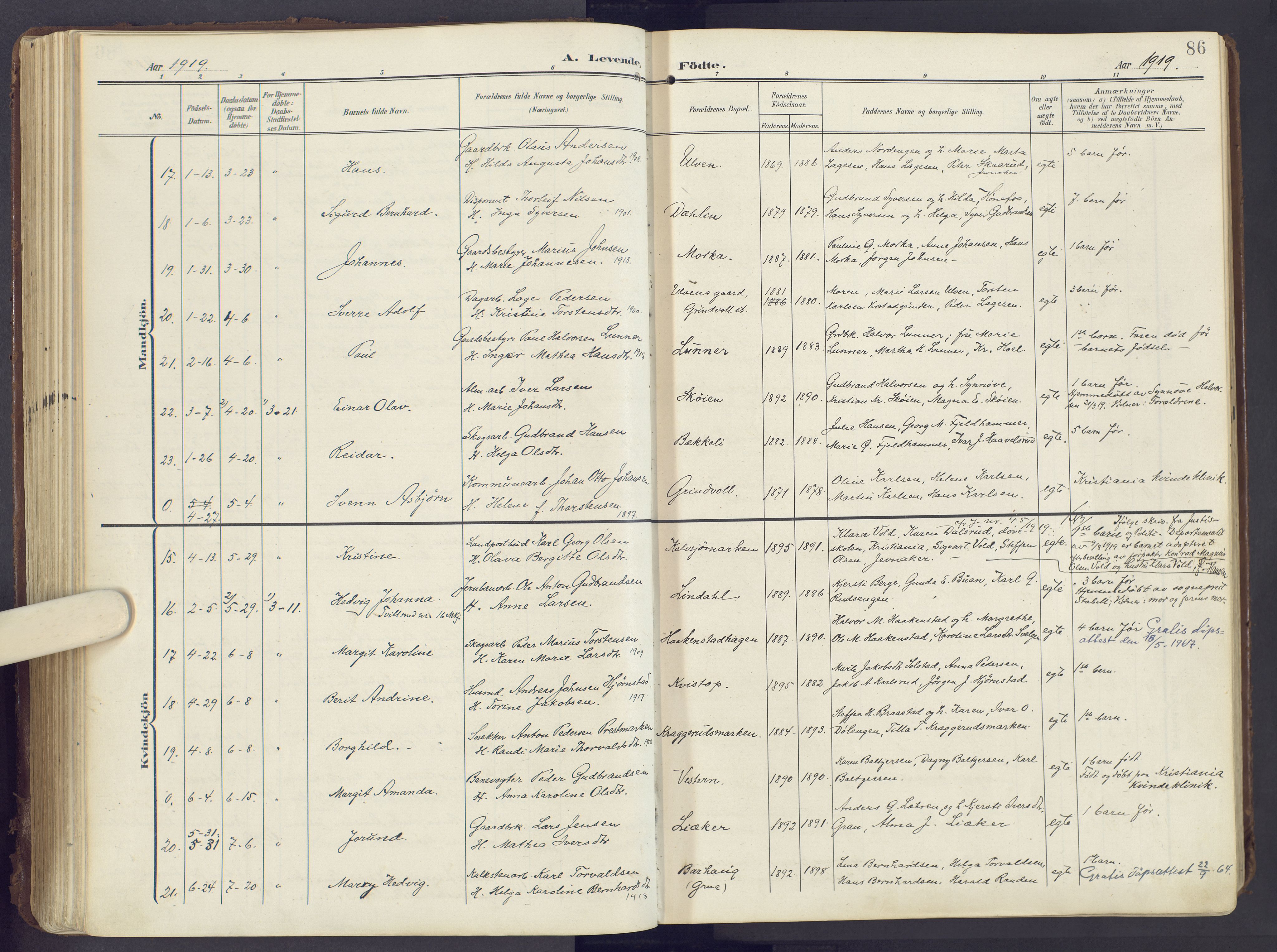 Lunner prestekontor, AV/SAH-PREST-118/H/Ha/Haa/L0001: Parish register (official) no. 1, 1907-1922, p. 86