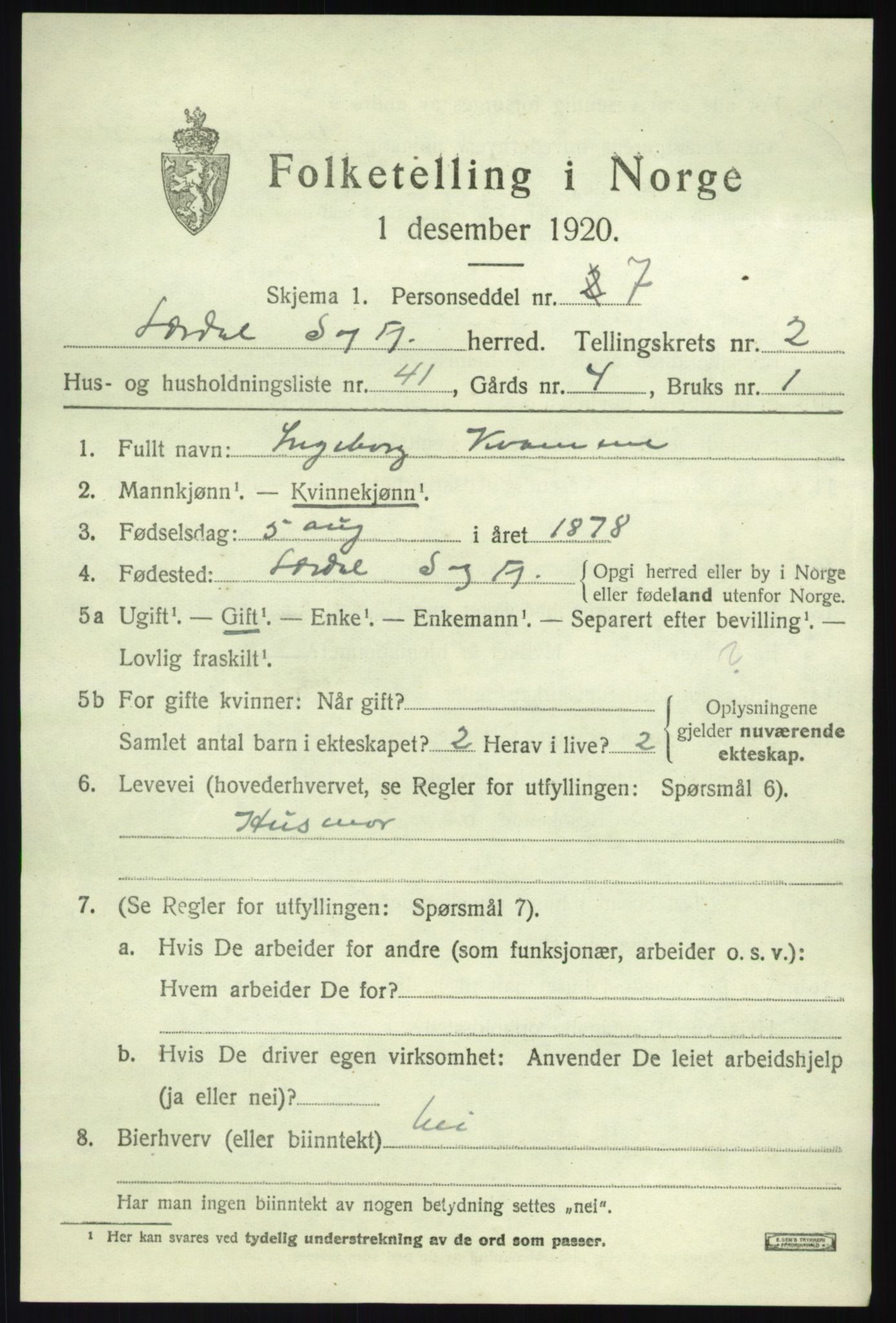 SAB, 1920 census for Lærdal, 1920, p. 1752