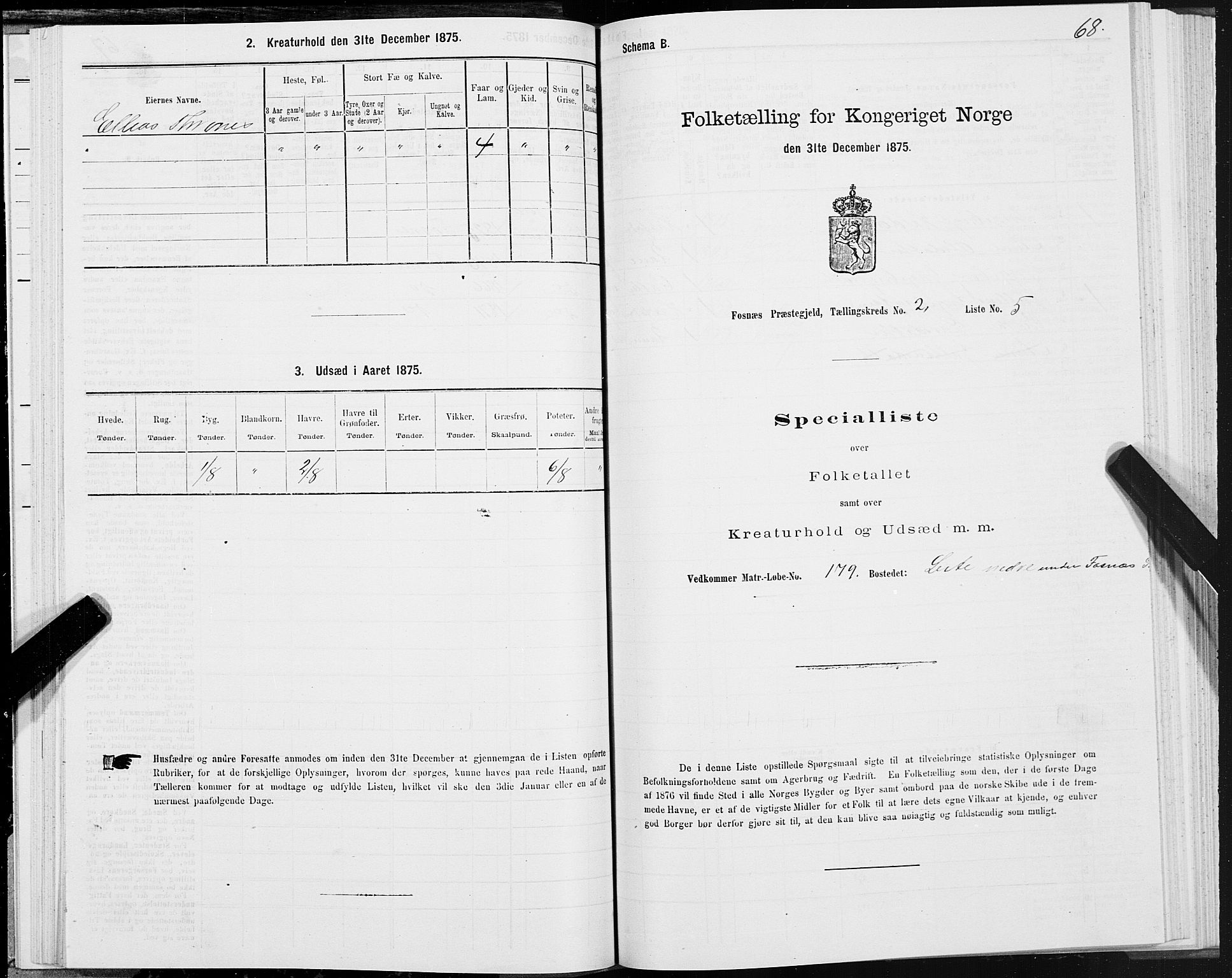 SAT, 1875 census for 1748P Fosnes, 1875, p. 1068