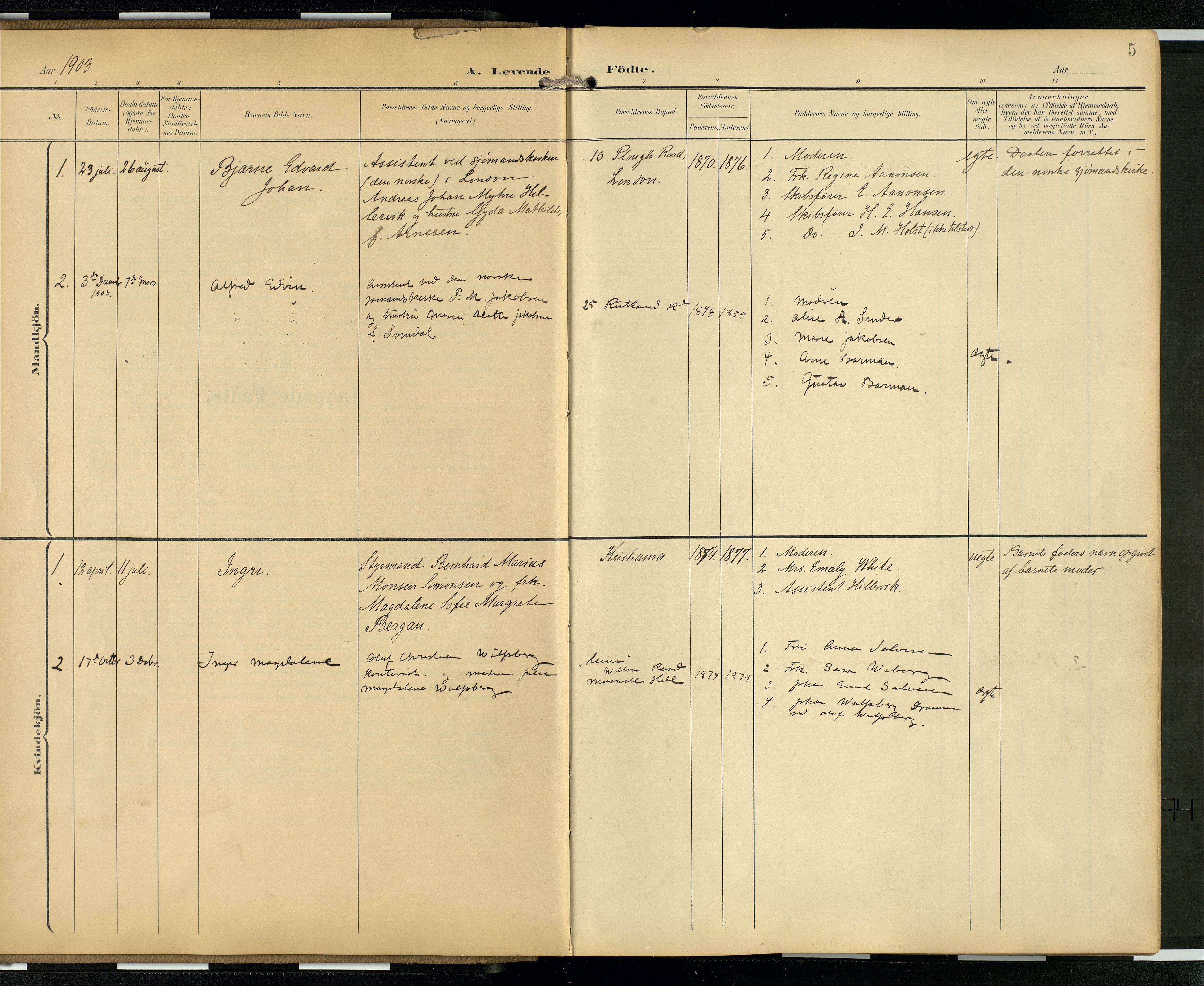  Den norske sjømannsmisjon i utlandet/London m/bistasjoner, SAB/SAB/PA-0103/H/Ha/L0003: Parish register (official) no. A 3, 1903-1934, p. 4b-5a