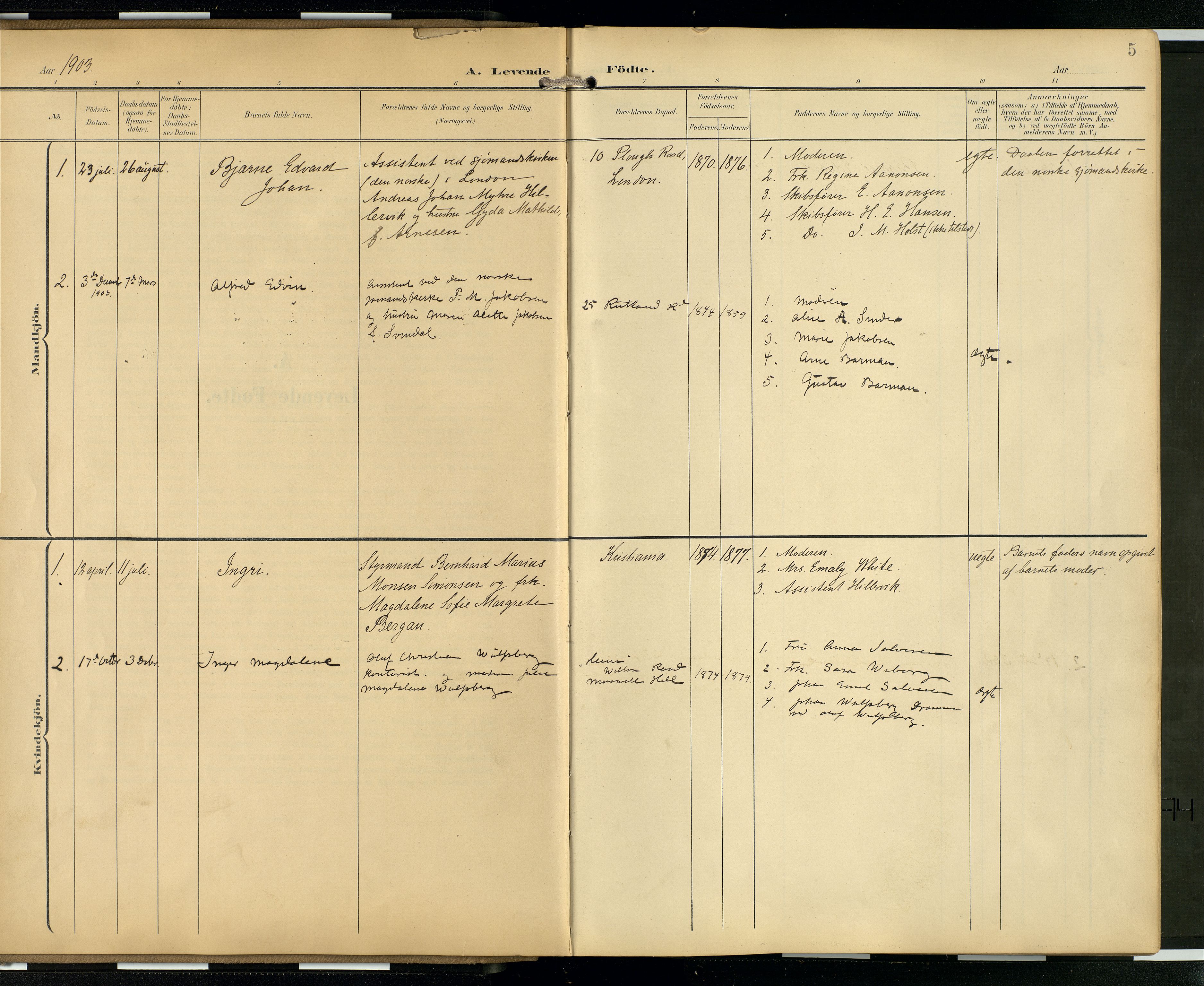 Den norske sjømannsmisjon i utlandet/London m/bistasjoner, AV/SAB-SAB/PA-0103/H/Ha/L0003: Parish register (official) no. A 3, 1903-1934, p. 4b-5a