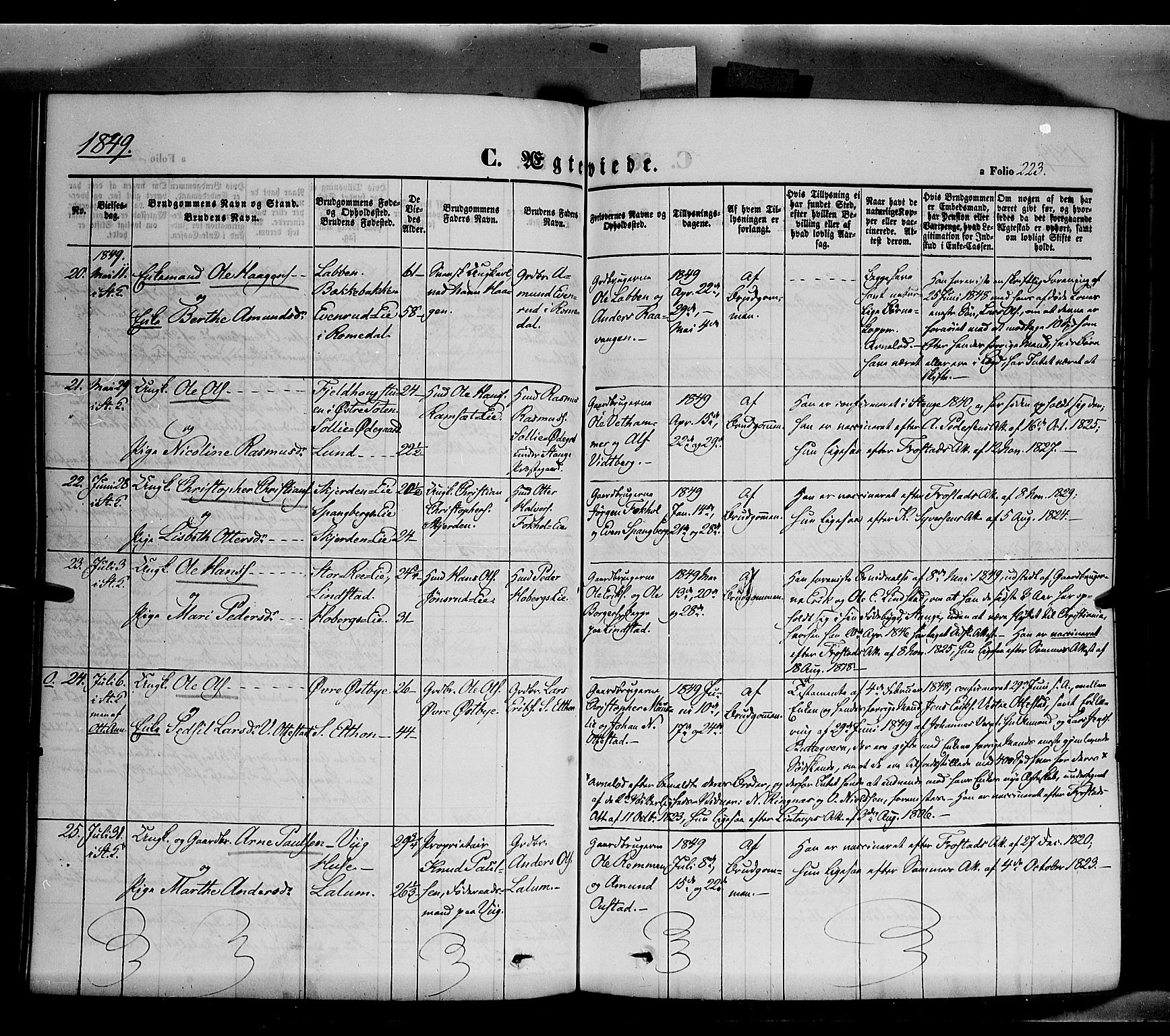 Stange prestekontor, AV/SAH-PREST-002/K/L0011: Parish register (official) no. 11, 1846-1852, p. 223