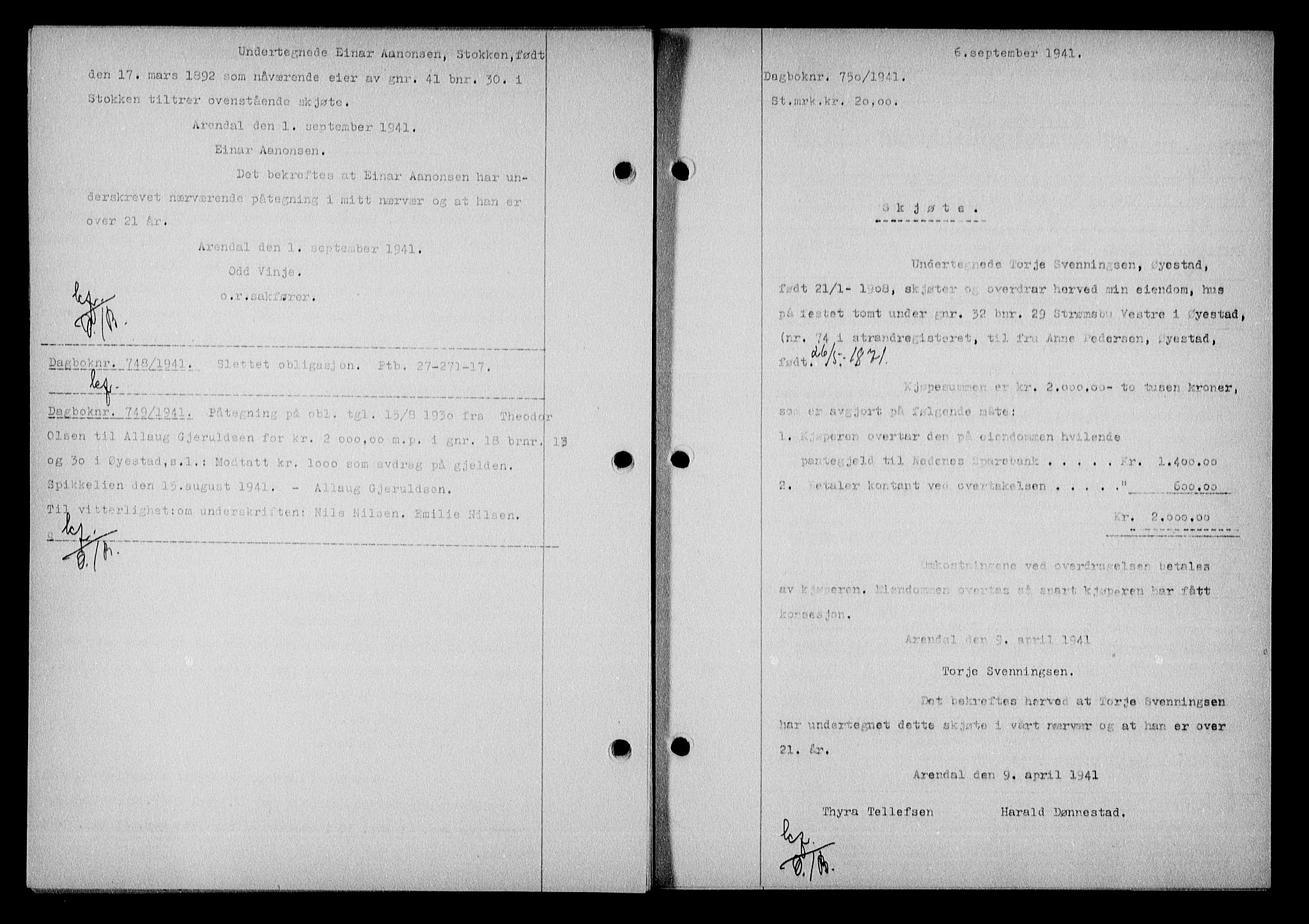 Nedenes sorenskriveri, SAK/1221-0006/G/Gb/Gba/L0048: Mortgage book no. A-II, 1940-1941, Diary no: : 750/1941