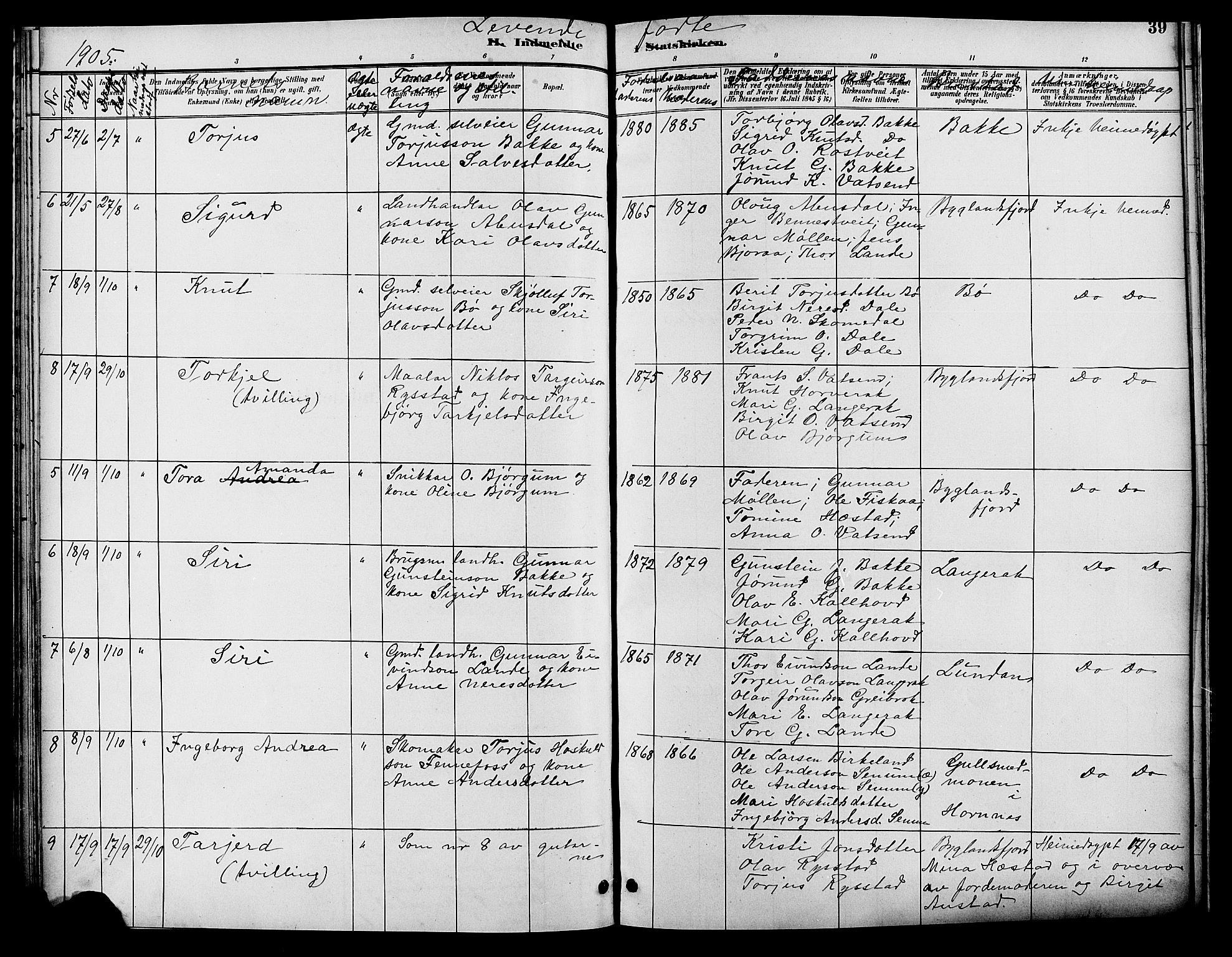 Bygland sokneprestkontor, SAK/1111-0006/F/Fb/Fbd/L0002: Parish register (copy) no. B 2, 1894-1909, p. 39