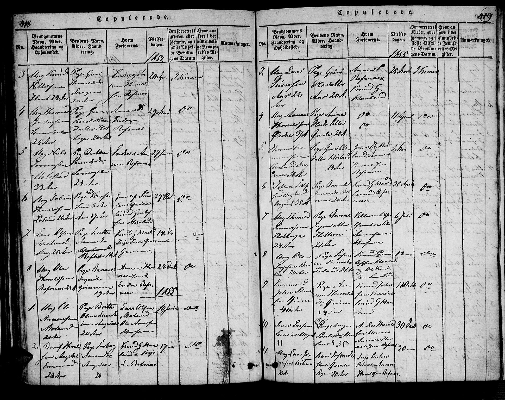 Bjelland sokneprestkontor, SAK/1111-0005/F/Fa/Fac/L0001: Parish register (official) no. A 1, 1815-1866, p. 418-419