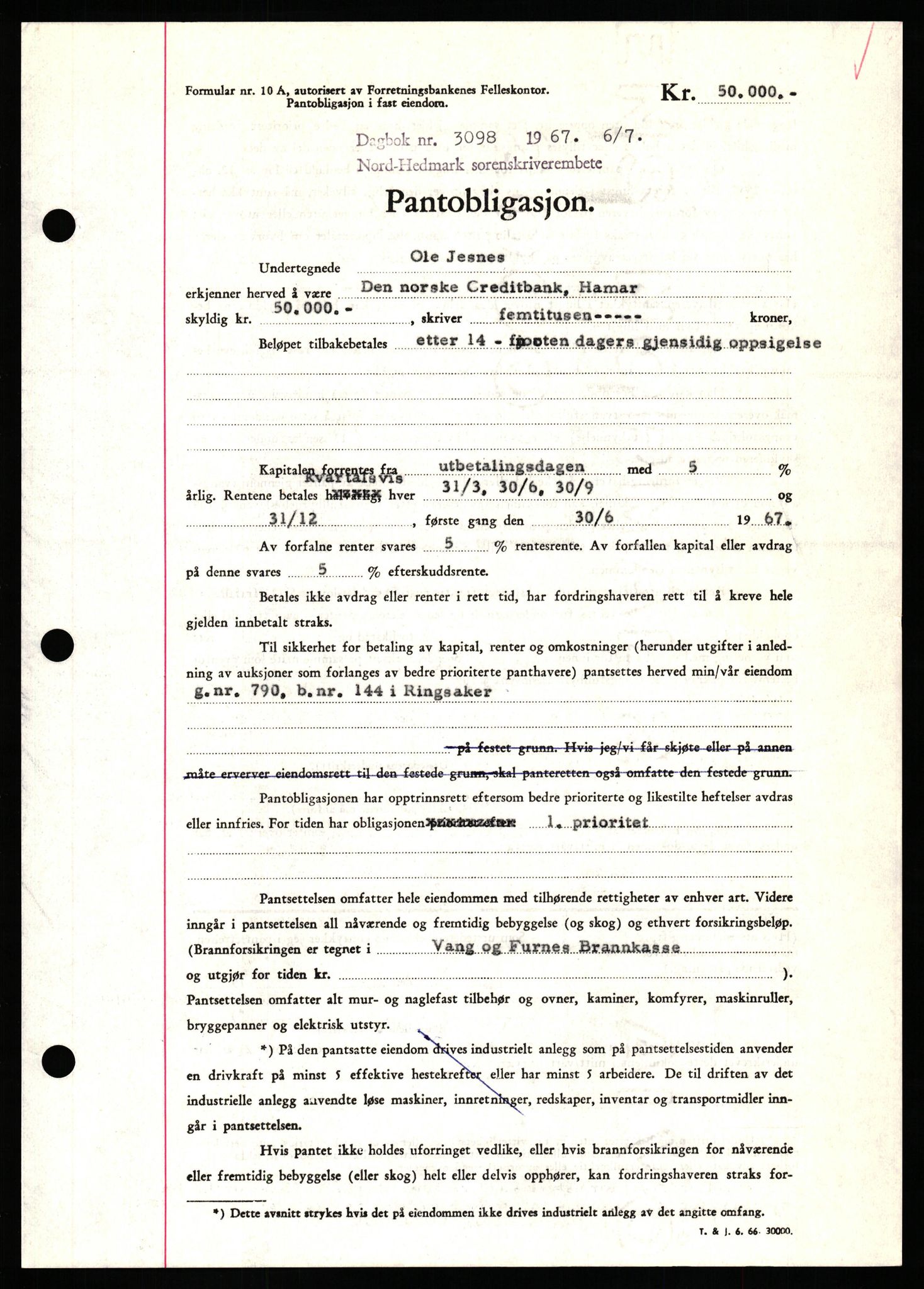 Nord-Hedmark sorenskriveri, SAH/TING-012/H/Hb/Hbf/L0071: Mortgage book no. B71, 1967-1967, Diary no: : 3098/1967