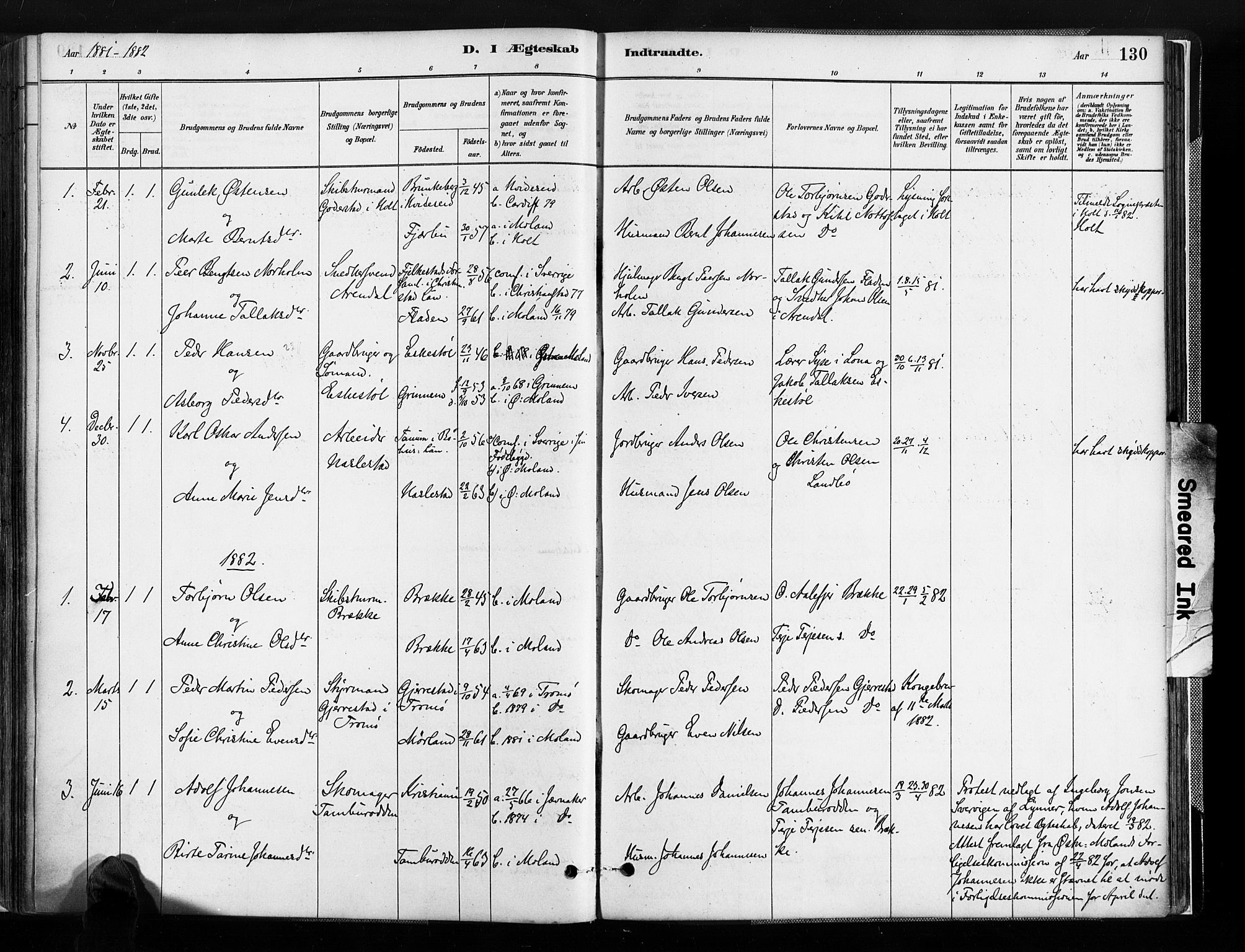 Austre Moland sokneprestkontor, SAK/1111-0001/F/Fa/Faa/L0010: Parish register (official) no. A 10, 1880-1904, p. 130