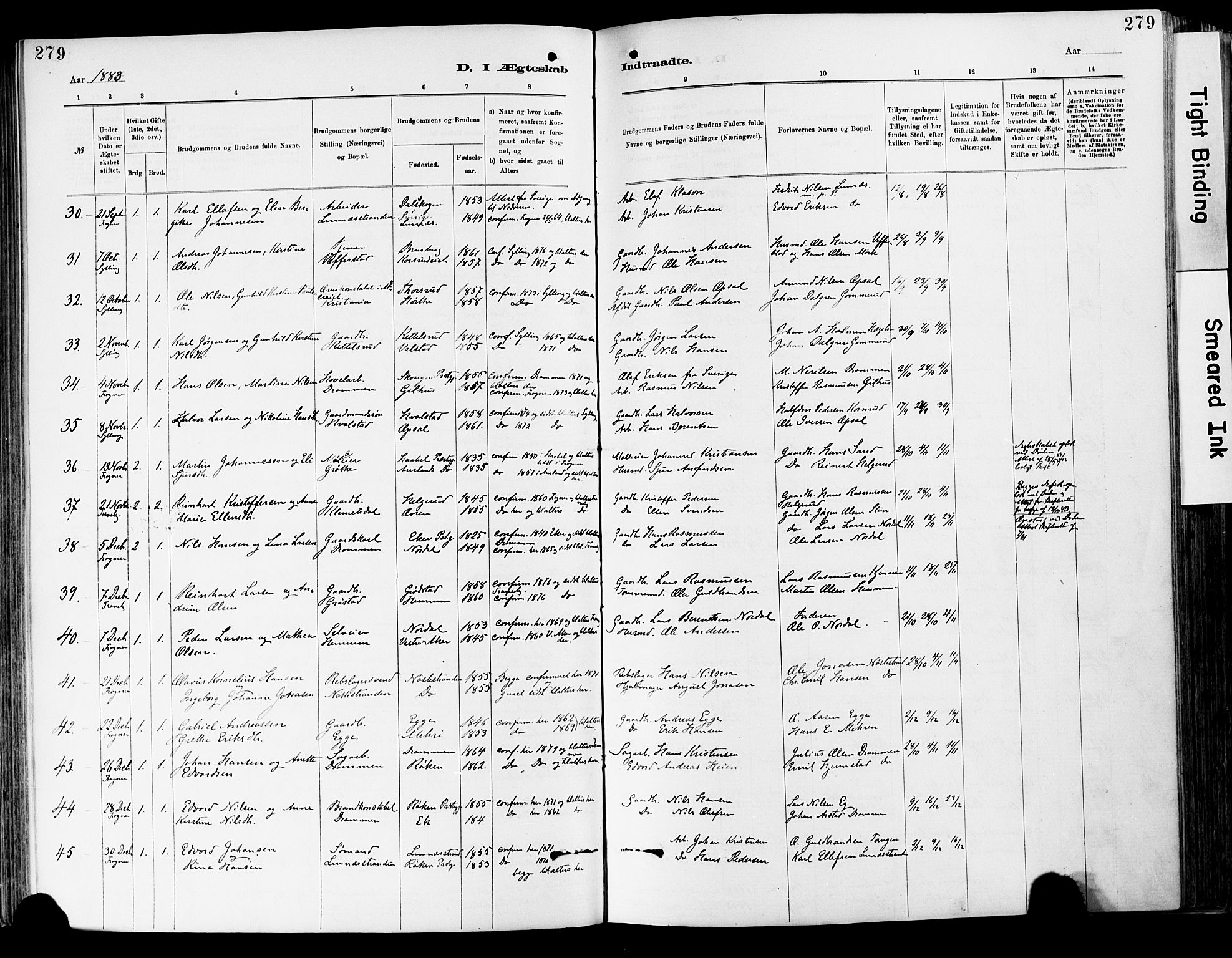 Lier kirkebøker, AV/SAKO-A-230/F/Fa/L0015: Parish register (official) no. I 15, 1883-1894, p. 279