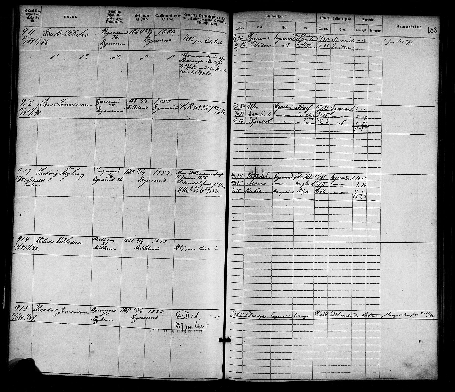 Egersund mønstringskrets, SAK/2031-0019/F/Fa/L0001: Annotasjonsrulle nr 1-1440 med register, O-1, 1869-1895, p. 205