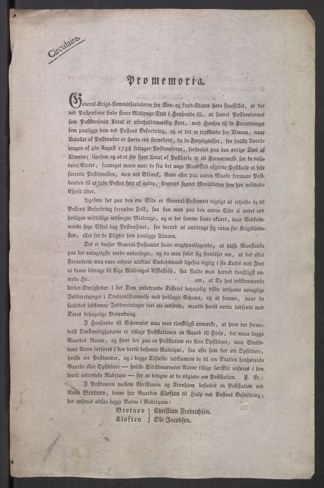 Generalpostdireksjonen 1719-1814, AV/RA-EA-3108/E/L0037/0001: Forskjellig angående postveier, embetssøknader, postryttere m.m.: / Nr. 35: Innberetninger om postveienes tilstand og betenkninger om postgangens tid, 1805