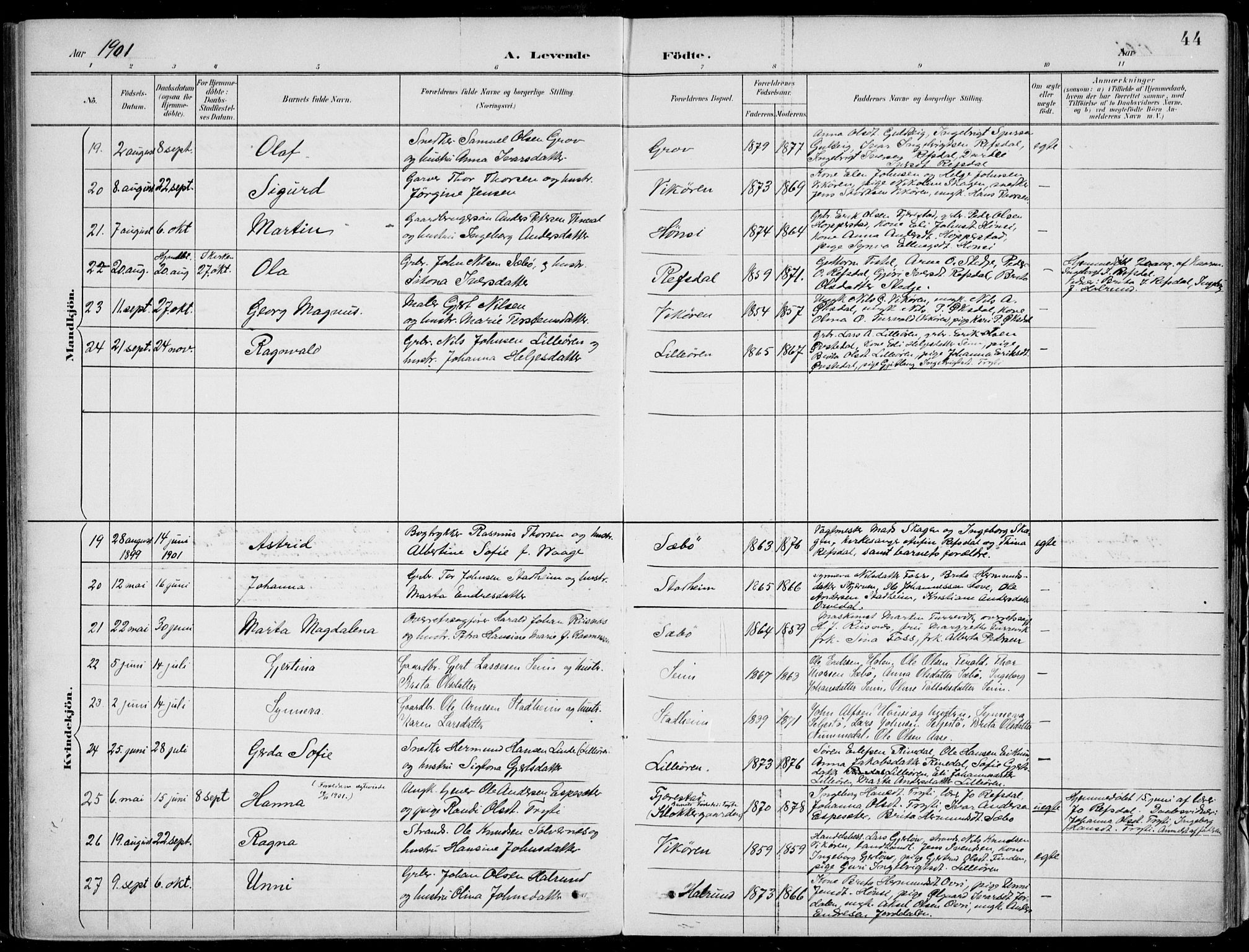 Vik sokneprestembete, AV/SAB-A-81501/H/Haa/Haab/L0002: Parish register (official) no. B  2, 1891-1907, p. 44