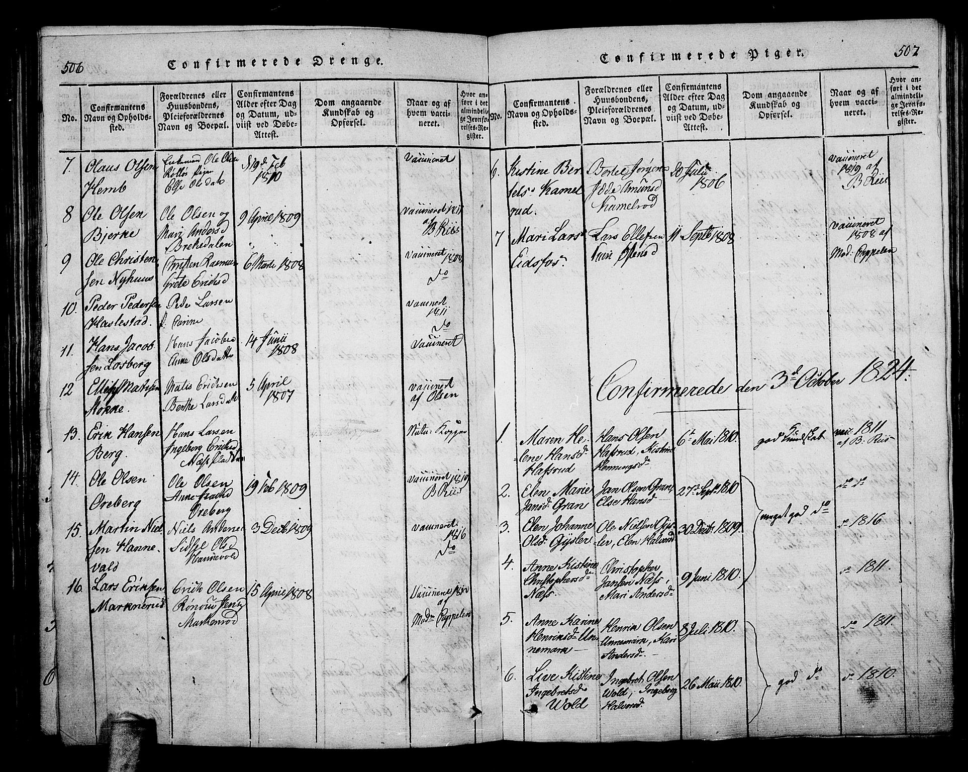 Hof kirkebøker, SAKO/A-64/F/Fa/L0004: Parish register (official) no. I 4, 1814-1843, p. 506-507