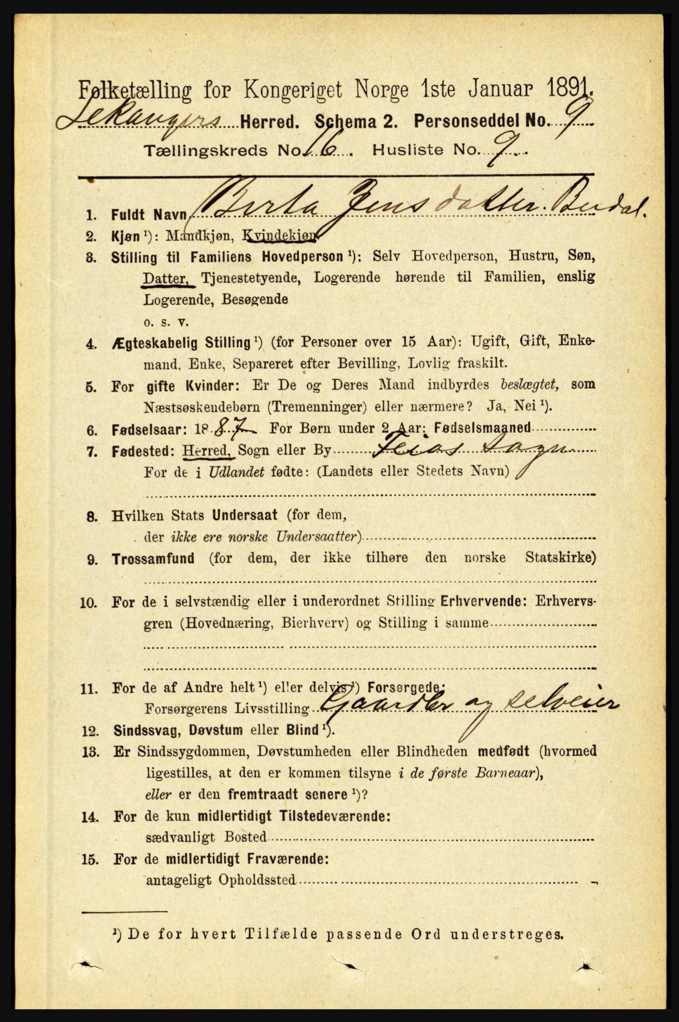 RA, 1891 census for 1419 Leikanger, 1891, p. 3048