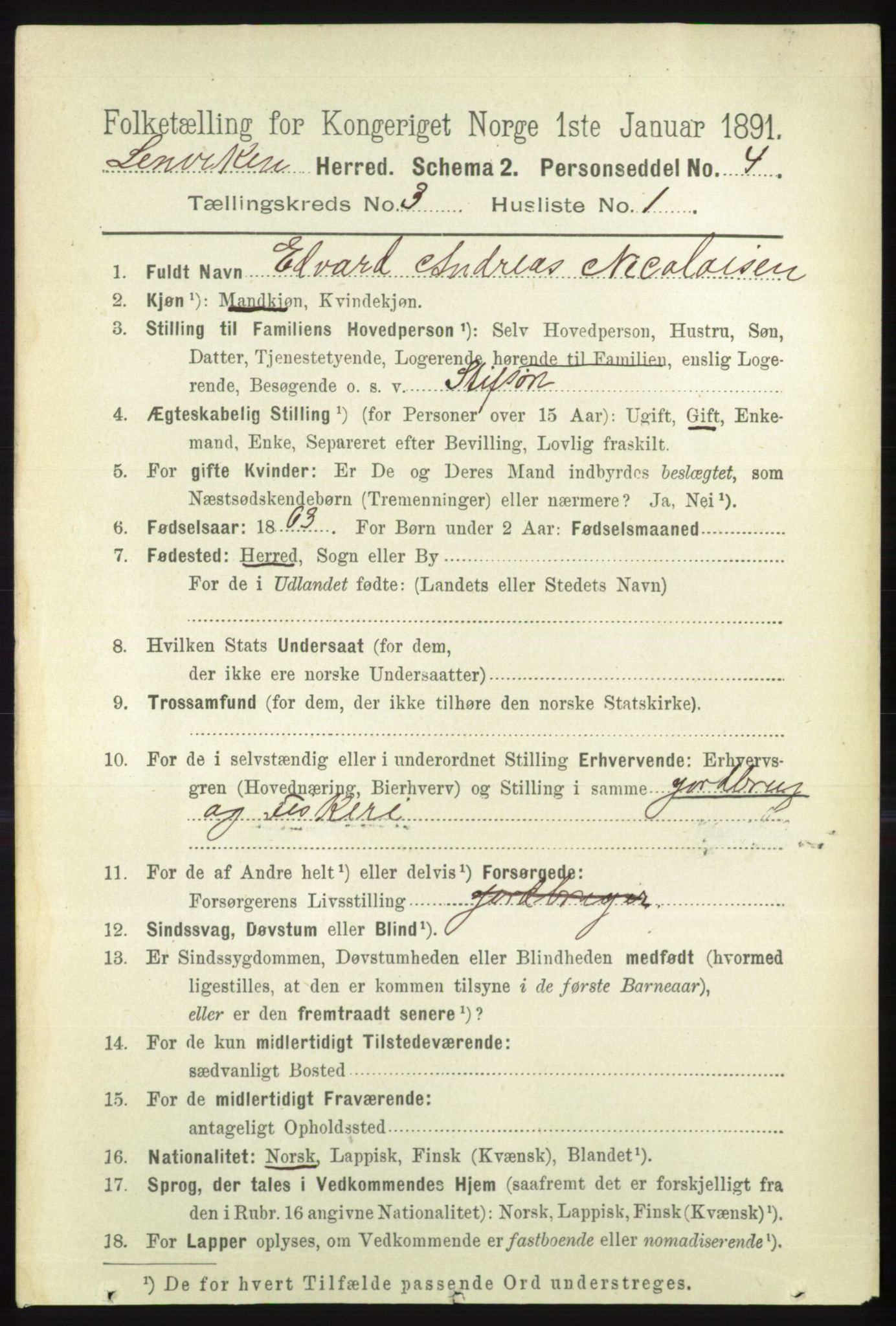 RA, 1891 census for 1931 Lenvik, 1891, p. 1357