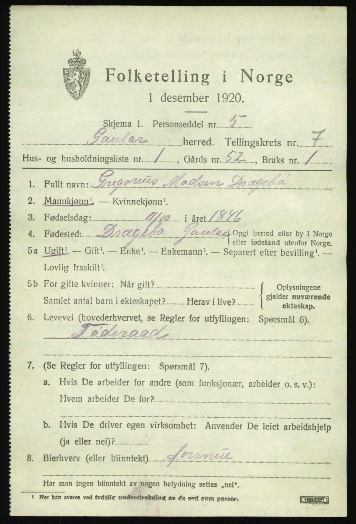 SAB, 1920 census for Gaular, 1920, p. 3450