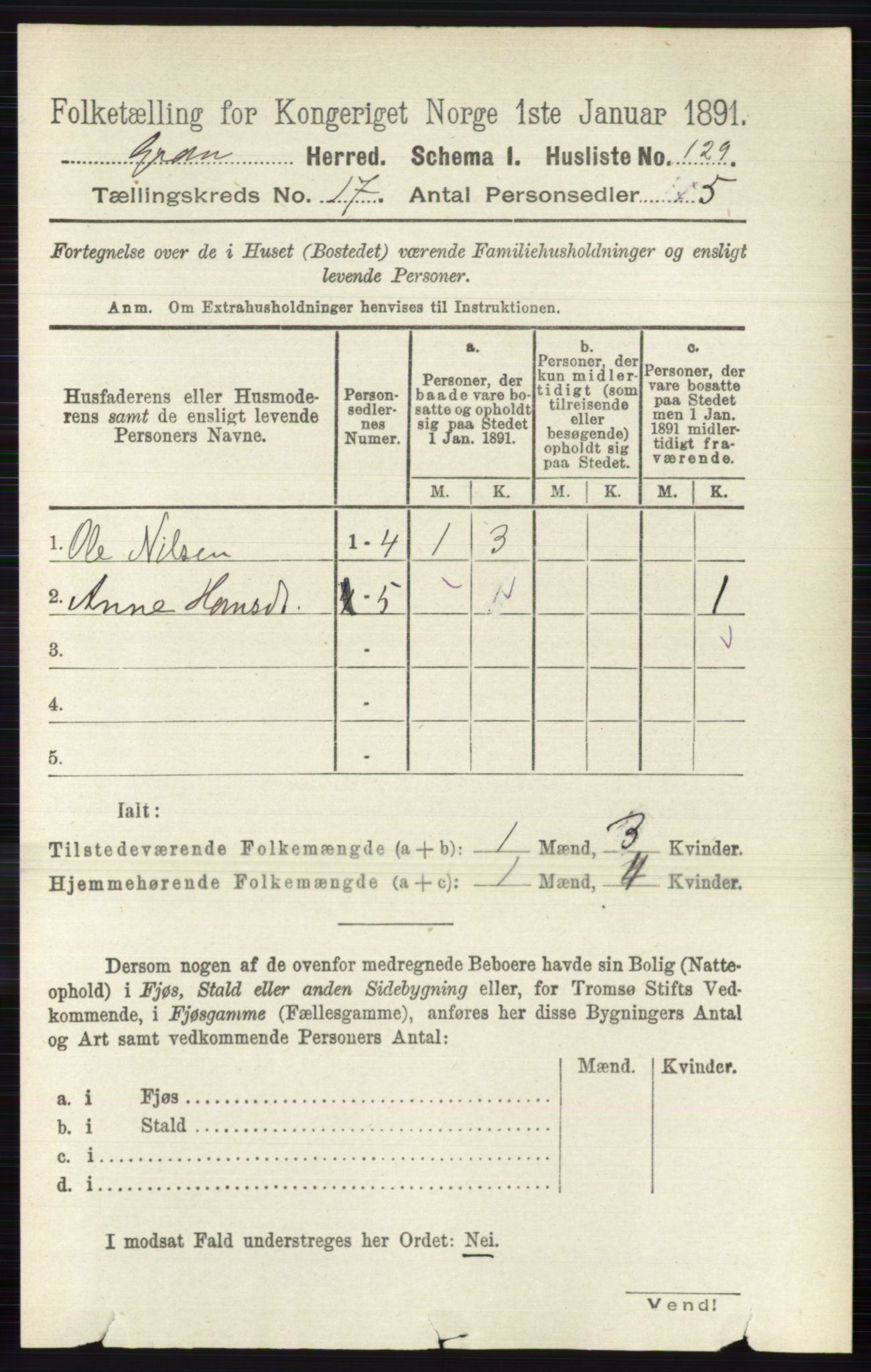 RA, 1891 census for 0534 Gran, 1891, p. 8731