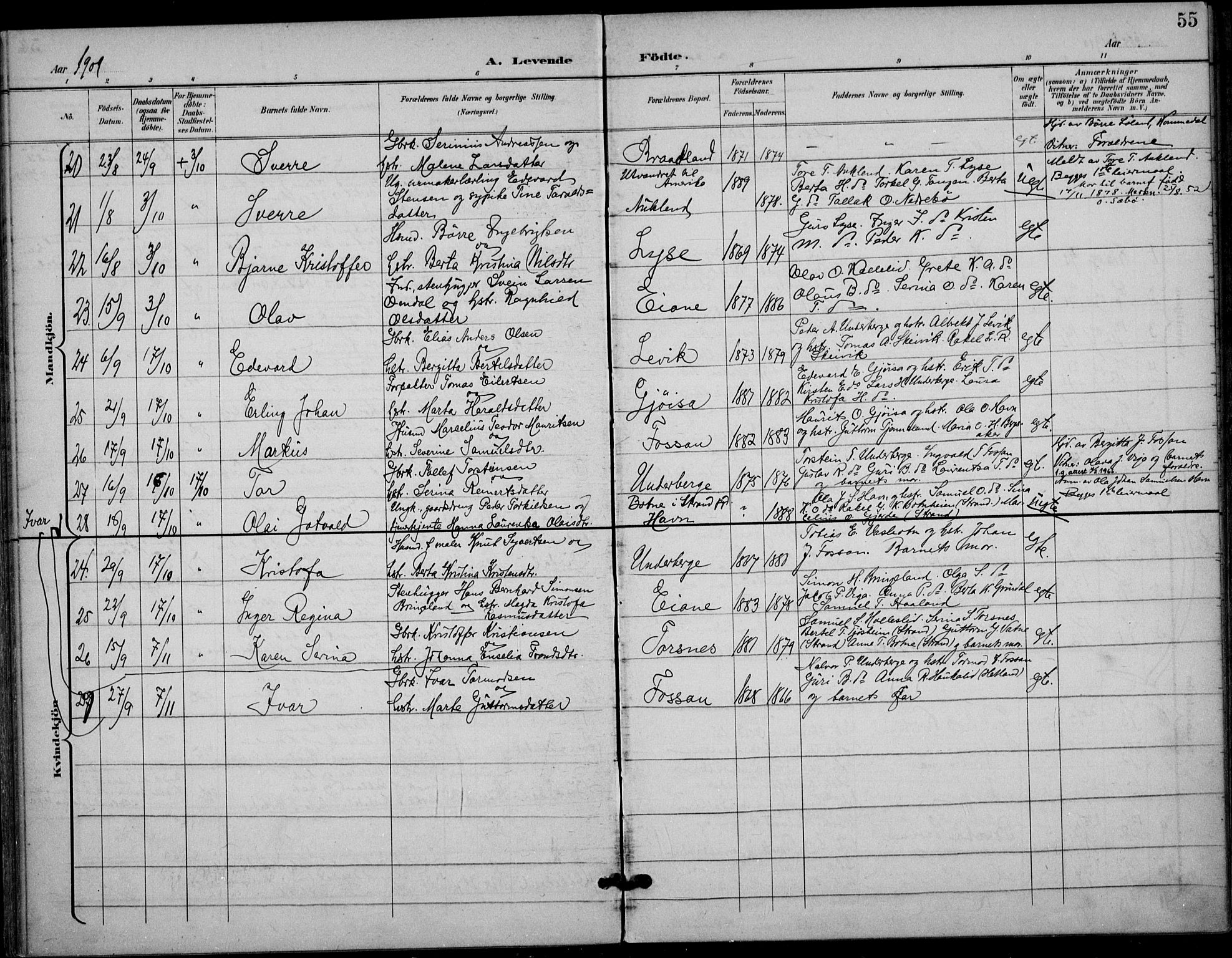 Høgsfjord sokneprestkontor, AV/SAST-A-101624/H/Ha/Haa/L0007: Parish register (official) no. A 7, 1898-1917, p. 55