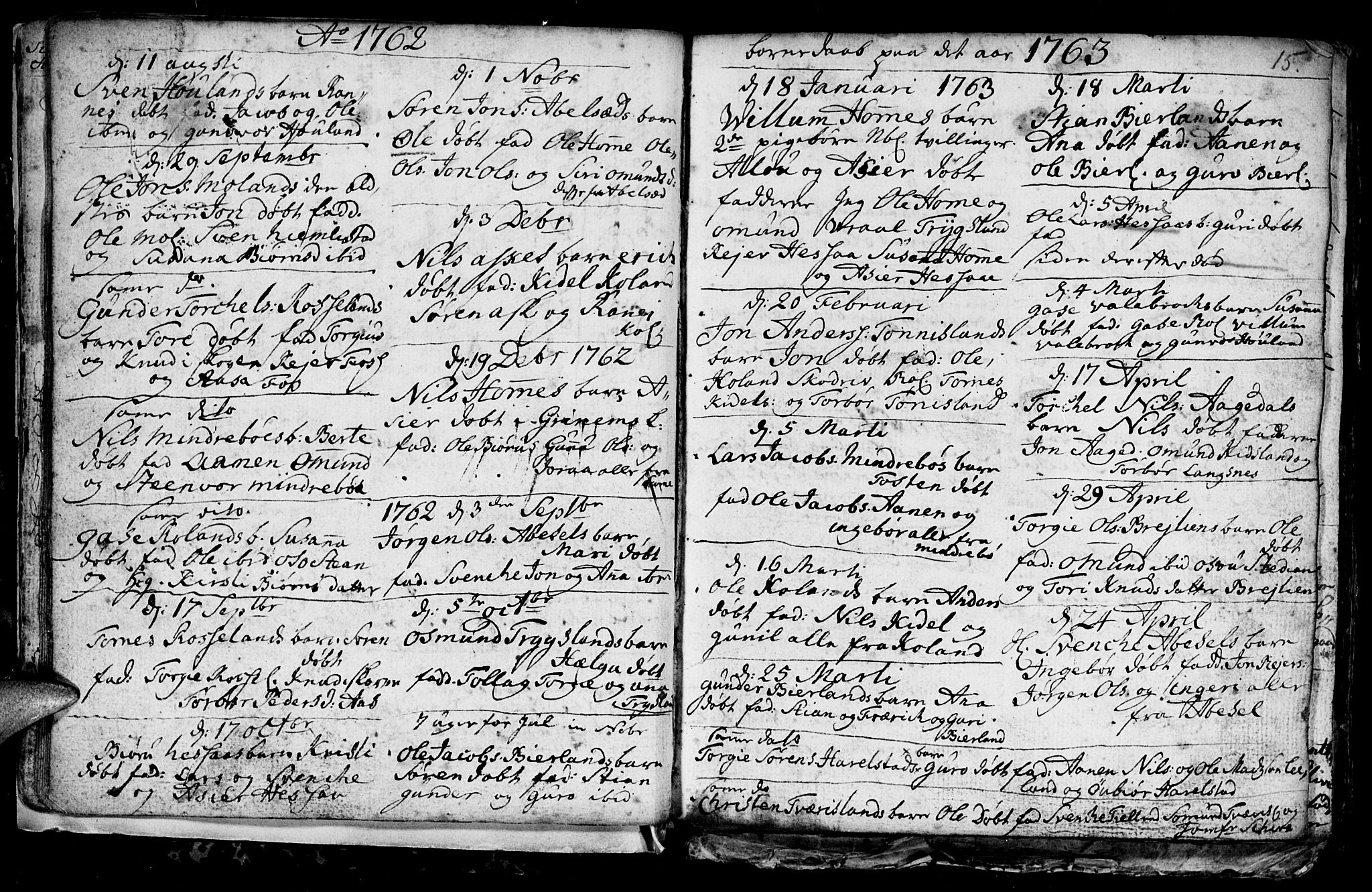 Bjelland sokneprestkontor, AV/SAK-1111-0005/F/Fb/Fba/L0002: Parish register (copy) no. B 2, 1753-1792, p. 15