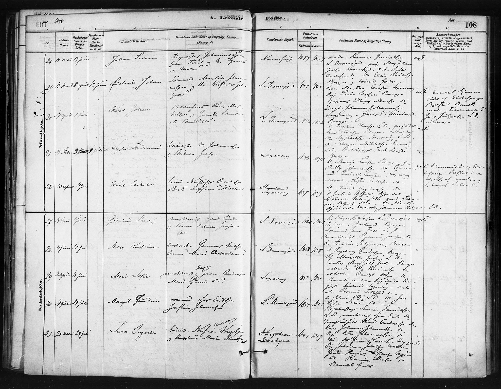 Askøy Sokneprestembete, AV/SAB-A-74101/H/Ha/Haa/Haae/L0002: Parish register (official) no. E 2, 1878-1891, p. 108