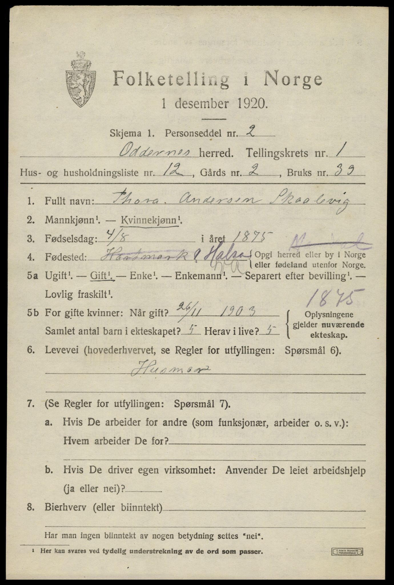 SAK, 1920 census for Oddernes, 1920, p. 2147