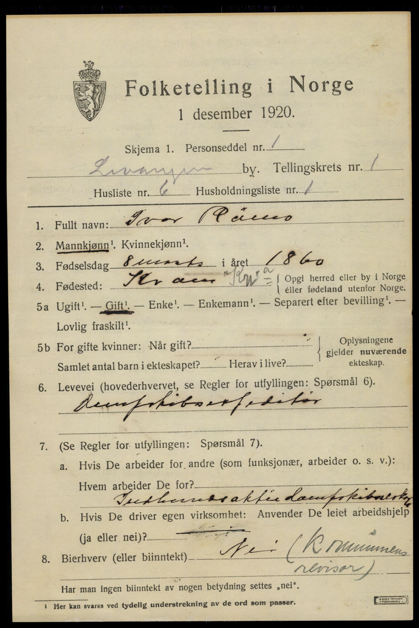 SAT, 1920 census for Levanger town, 1920, p. 1274