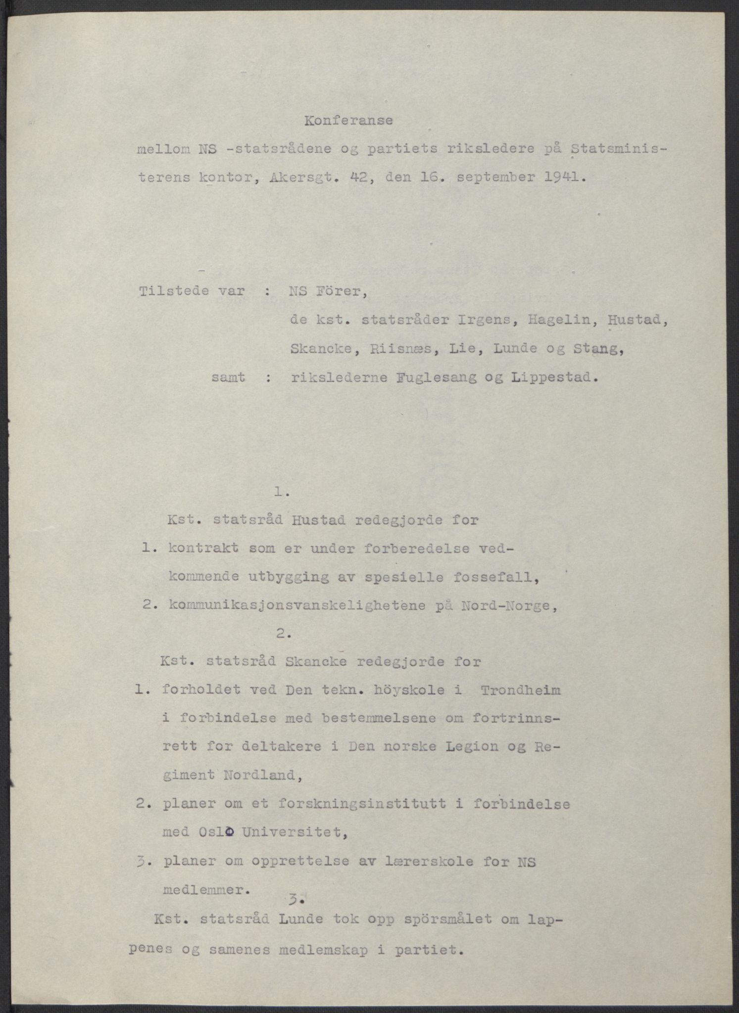 NS-administrasjonen 1940-1945 (Statsrådsekretariatet, de kommisariske statsråder mm), AV/RA-S-4279/D/Db/L0074: De kommisariske statsråder, 1940-1942