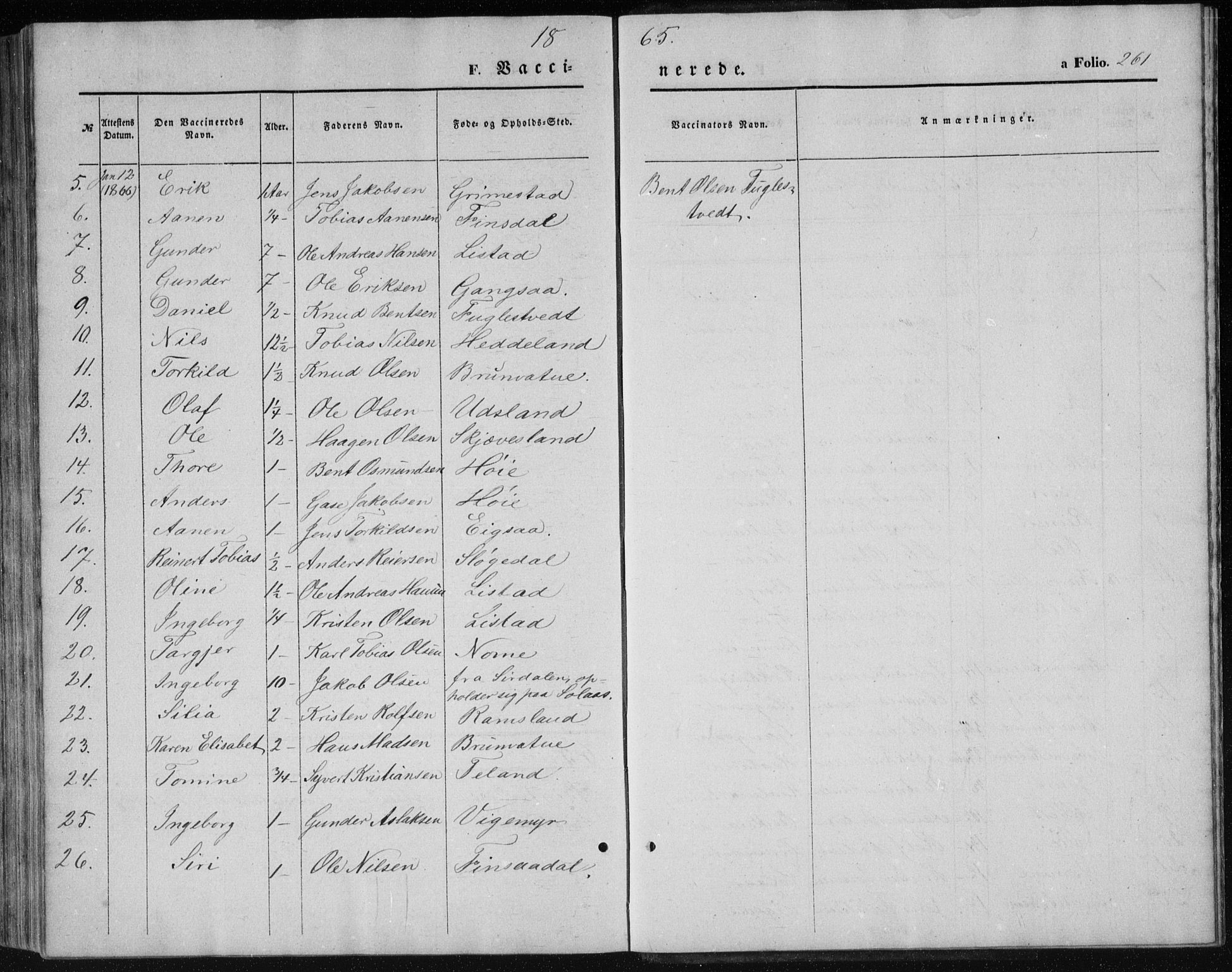 Holum sokneprestkontor, SAK/1111-0022/F/Fb/Fbc/L0002: Parish register (copy) no. B 2, 1860-1882, p. 261