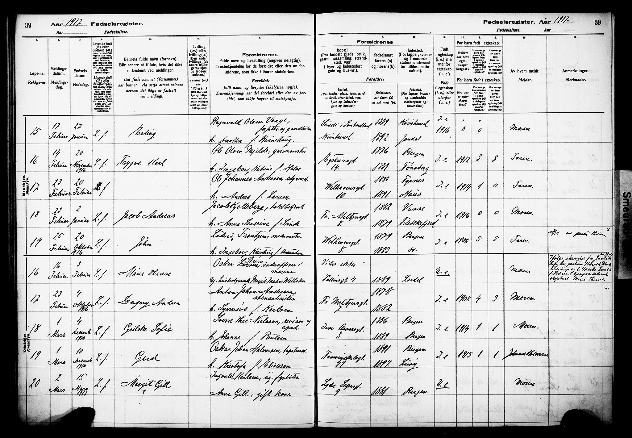 Johanneskirken sokneprestembete, AV/SAB-A-76001/I/Id/L00A1: Birth register no. A 1, 1916-1924, p. 39