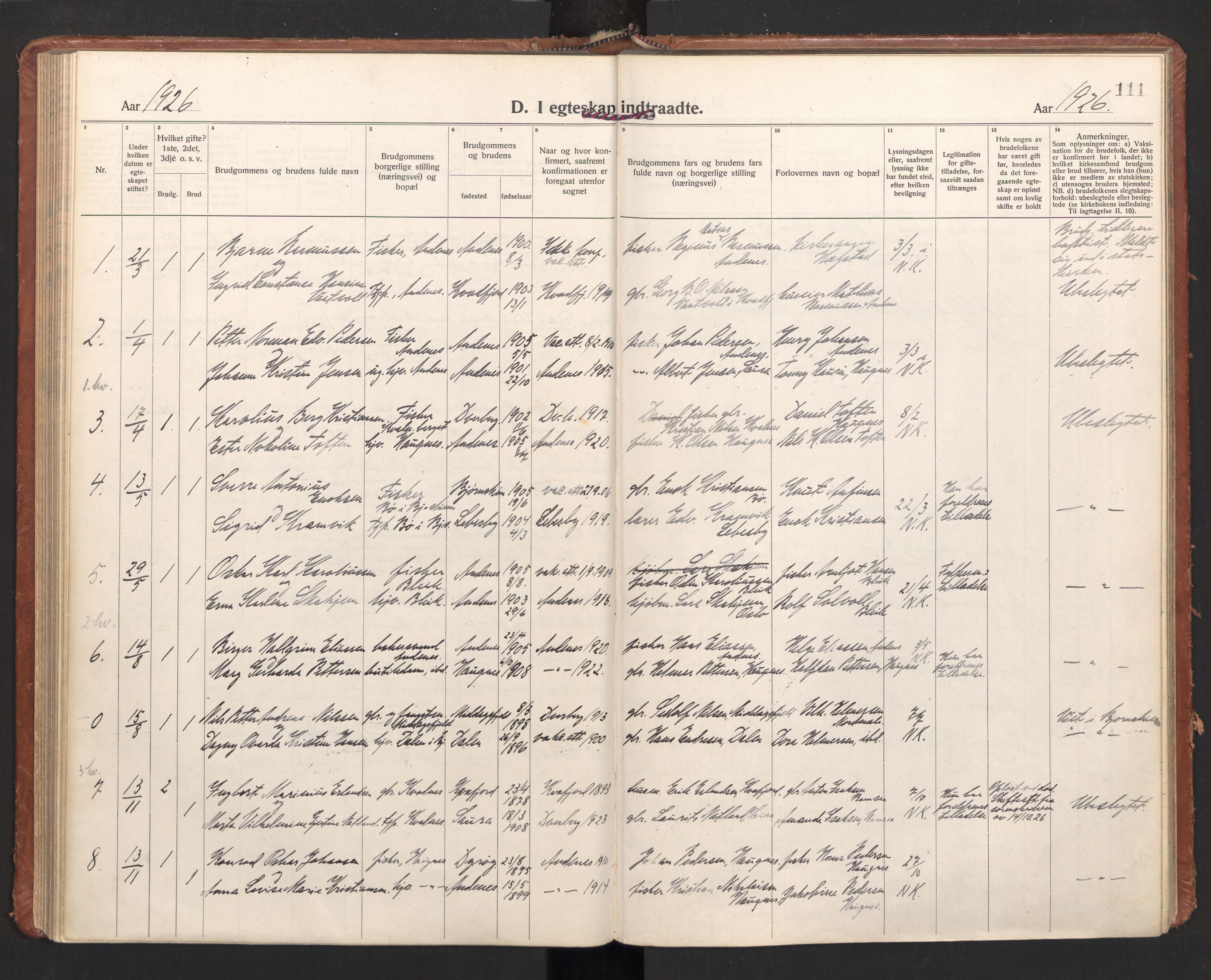 Ministerialprotokoller, klokkerbøker og fødselsregistre - Nordland, SAT/A-1459/897/L1408: Parish register (official) no. 897A15, 1922-1938, p. 111