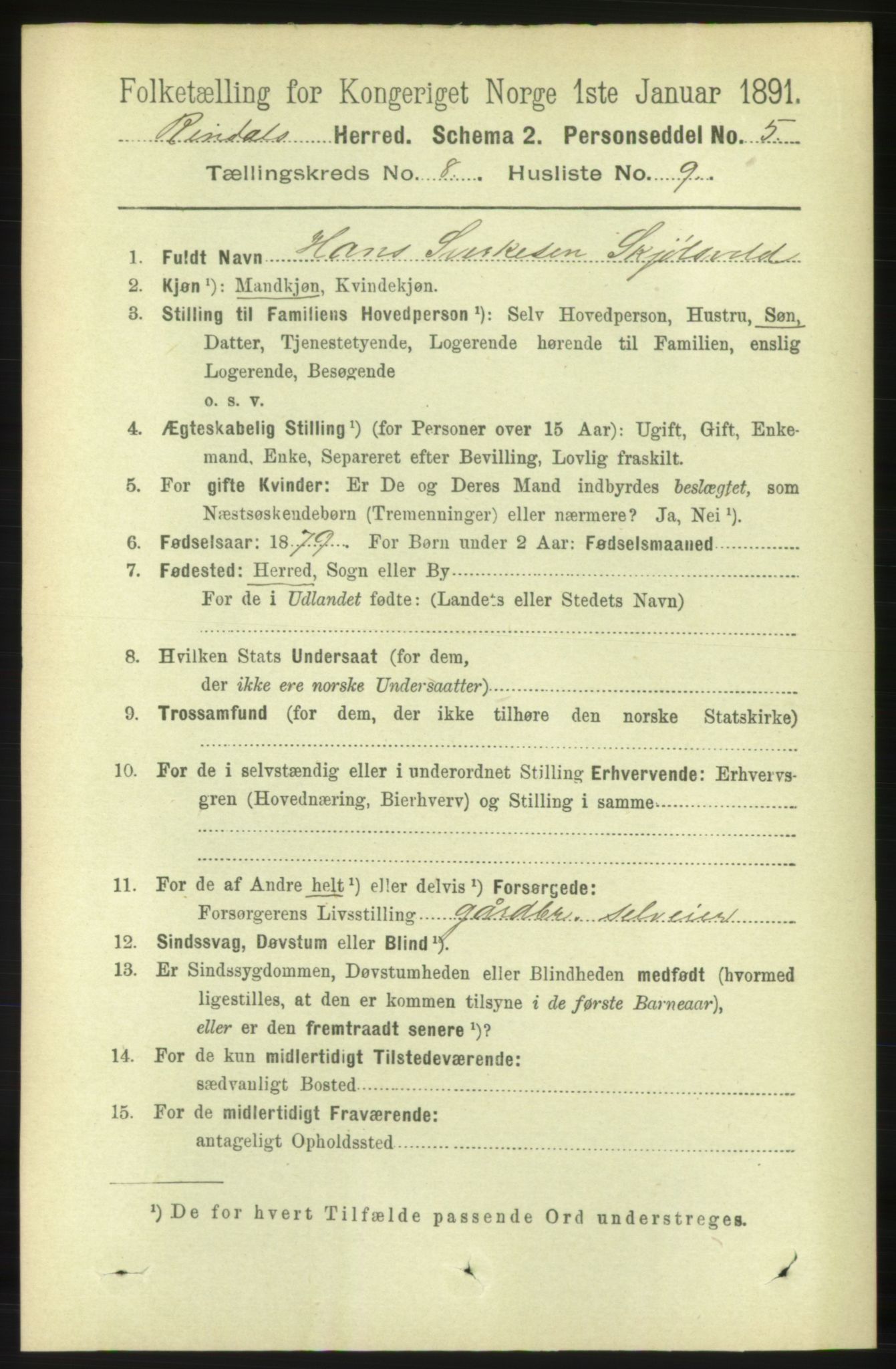 RA, 1891 census for 1567 Rindal, 1891, p. 2532