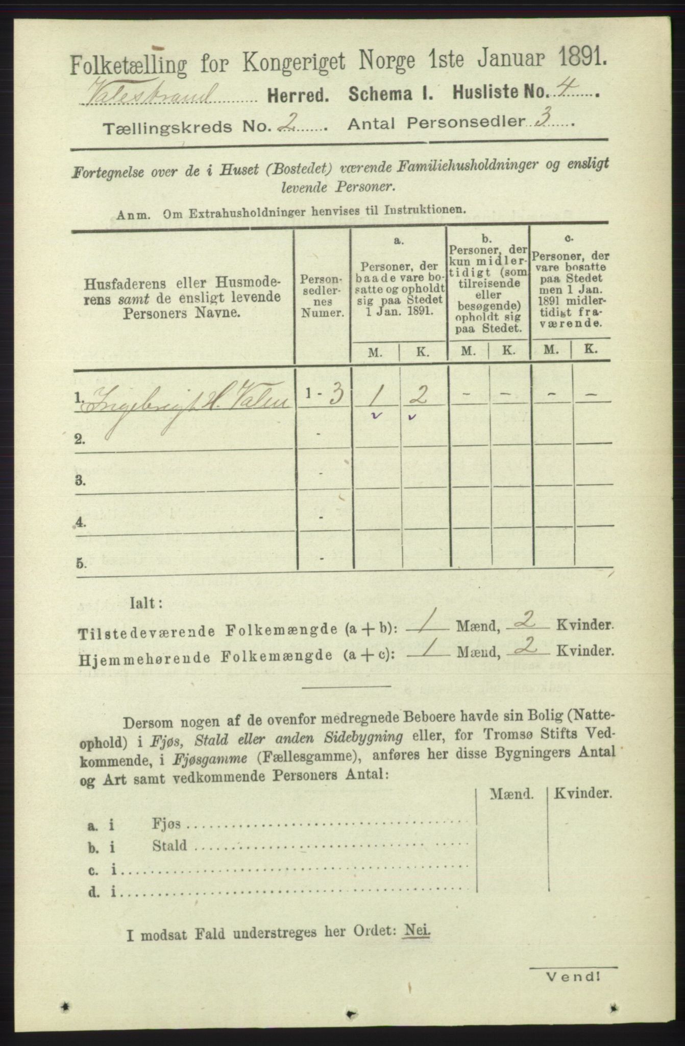 RA, 1891 census for 1217 Valestrand, 1891, p. 263