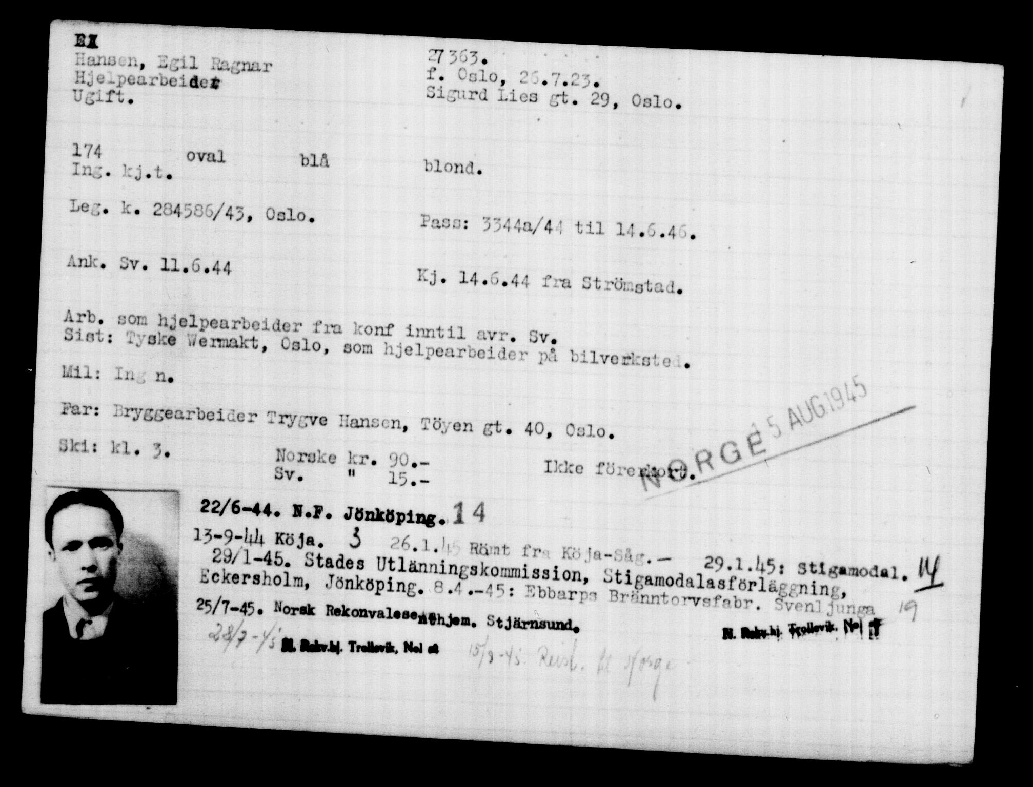 Utenriksstasjonene, Legasjonen i Stockholm, Flyktningkontoret, AV/RA-S-6753/V/Va/L0011: Kjesäterkartoteket, flyktninger med registreringsnr. 25300-28349, 1940-1945, p. 2185