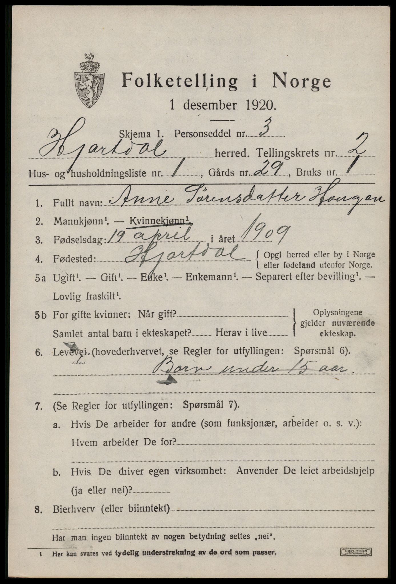 SAKO, 1920 census for Hjartdal, 1920, p. 1834