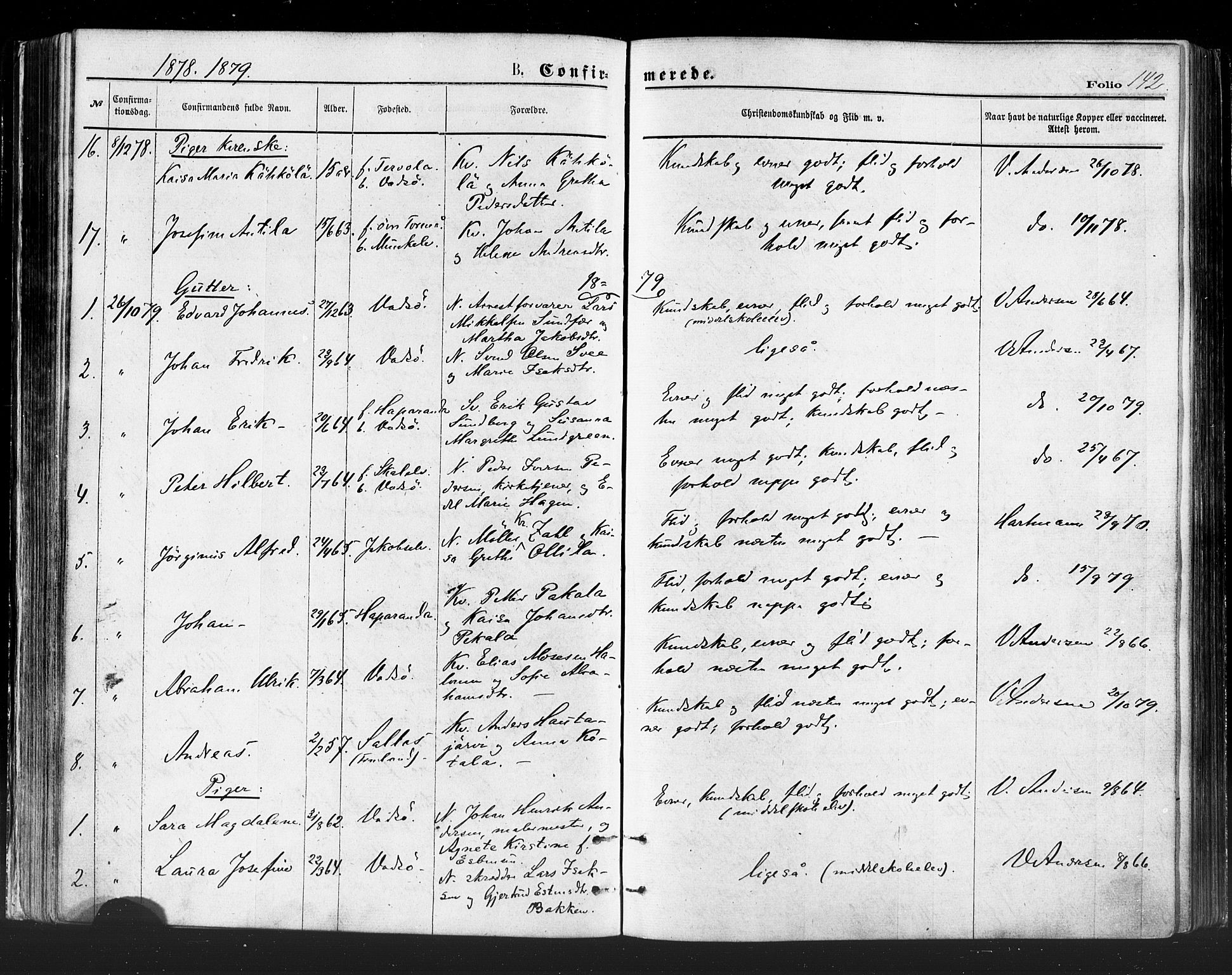 Vadsø sokneprestkontor, SATØ/S-1325/H/Ha/L0005kirke: Parish register (official) no. 5, 1873-1884, p. 142