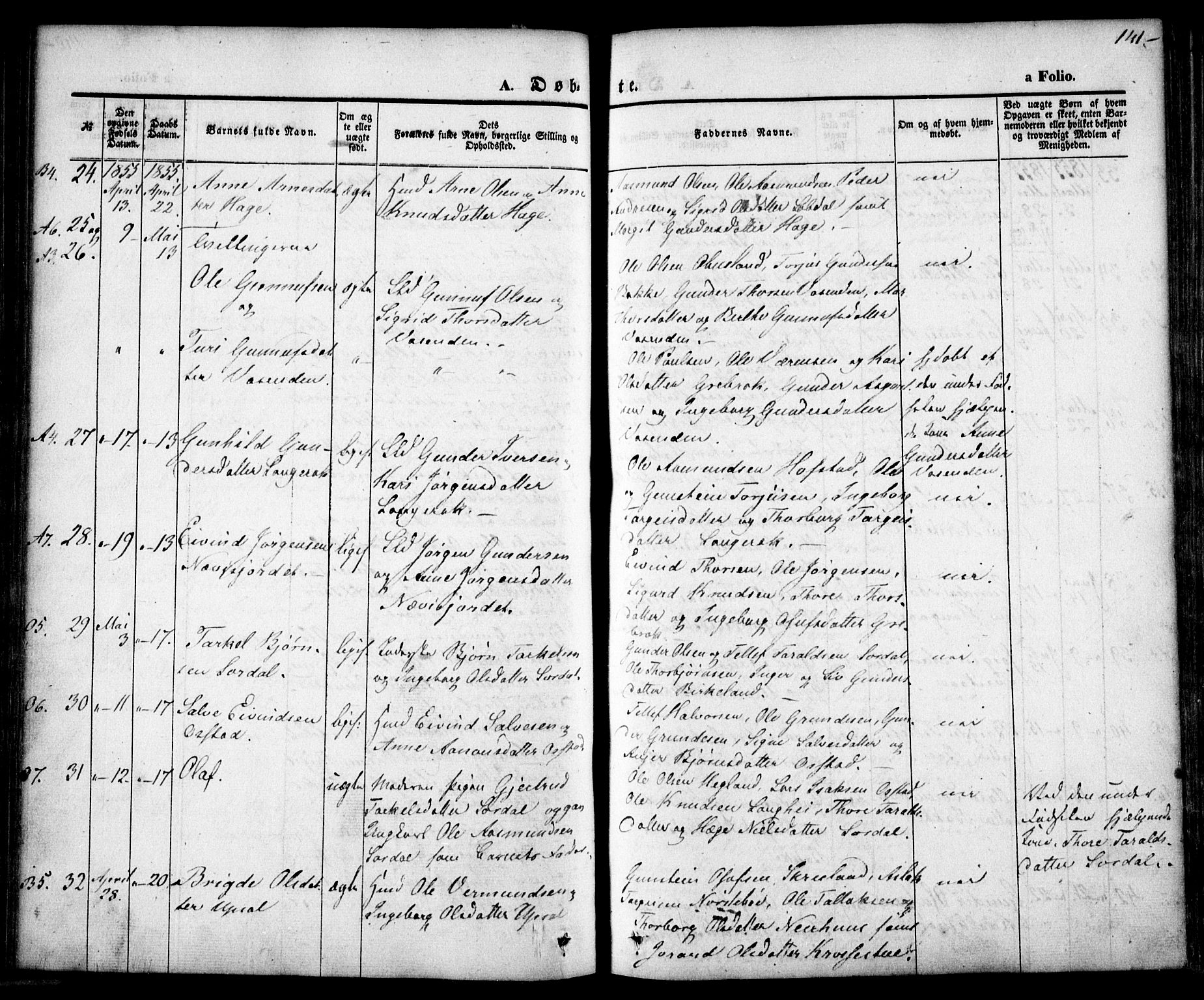 Bygland sokneprestkontor, AV/SAK-1111-0006/F/Fa/Fab/L0004: Parish register (official) no. A 4, 1842-1858, p. 141