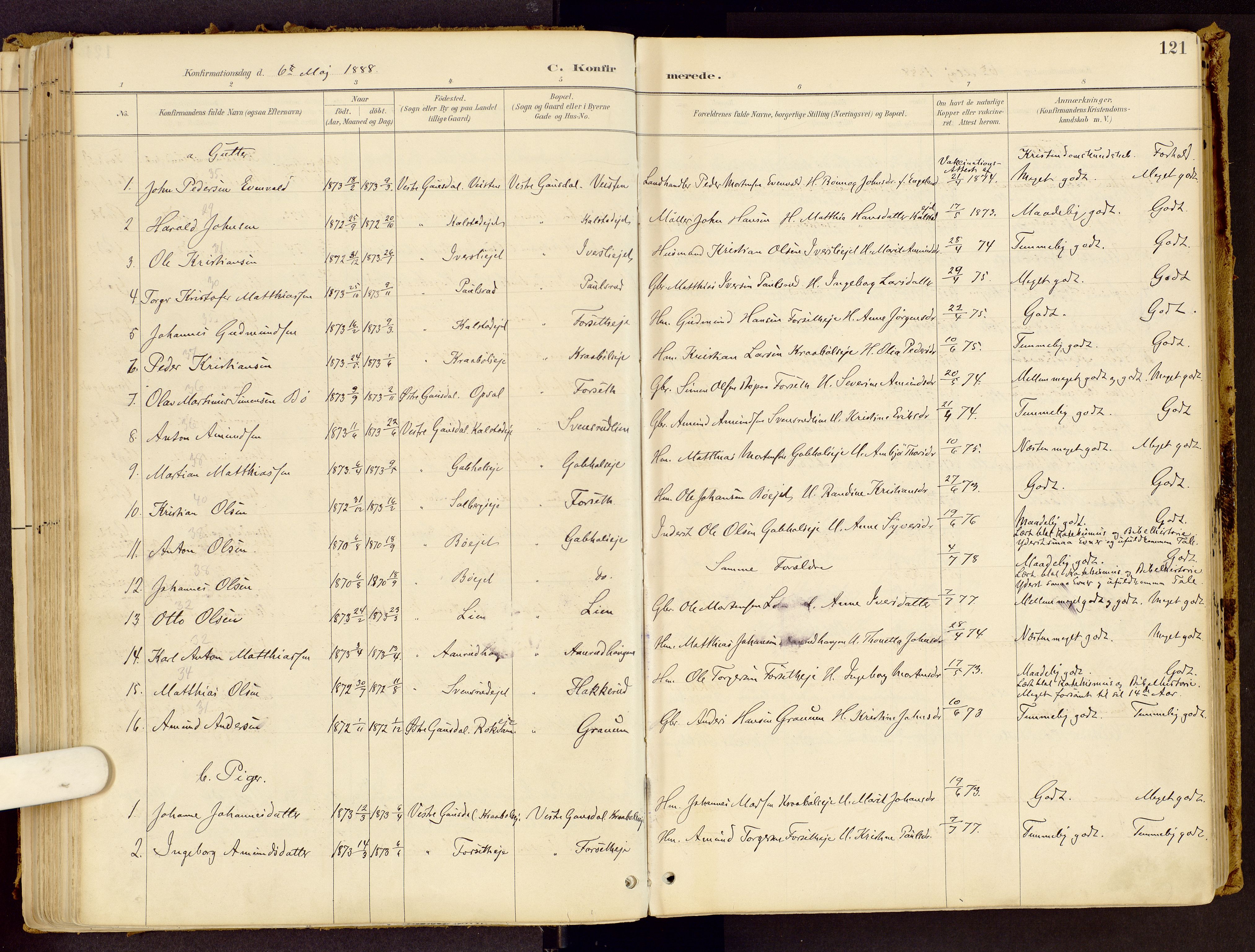 Vestre Gausdal prestekontor, SAH/PREST-094/H/Ha/Haa/L0001: Parish register (official) no. 1, 1887-1914, p. 121