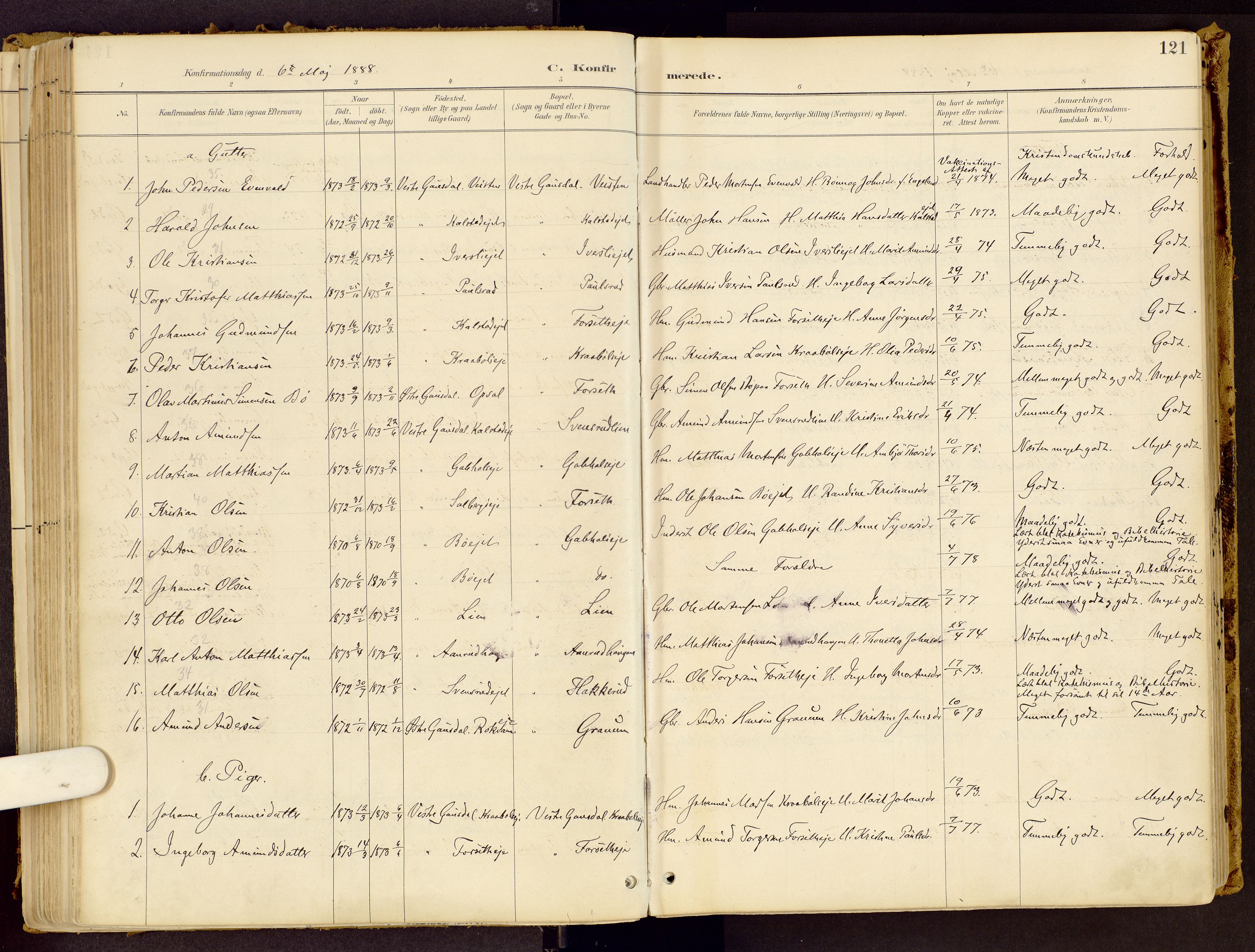 Vestre Gausdal prestekontor, AV/SAH-PREST-094/H/Ha/Haa/L0001: Parish register (official) no. 1, 1887-1914, p. 121