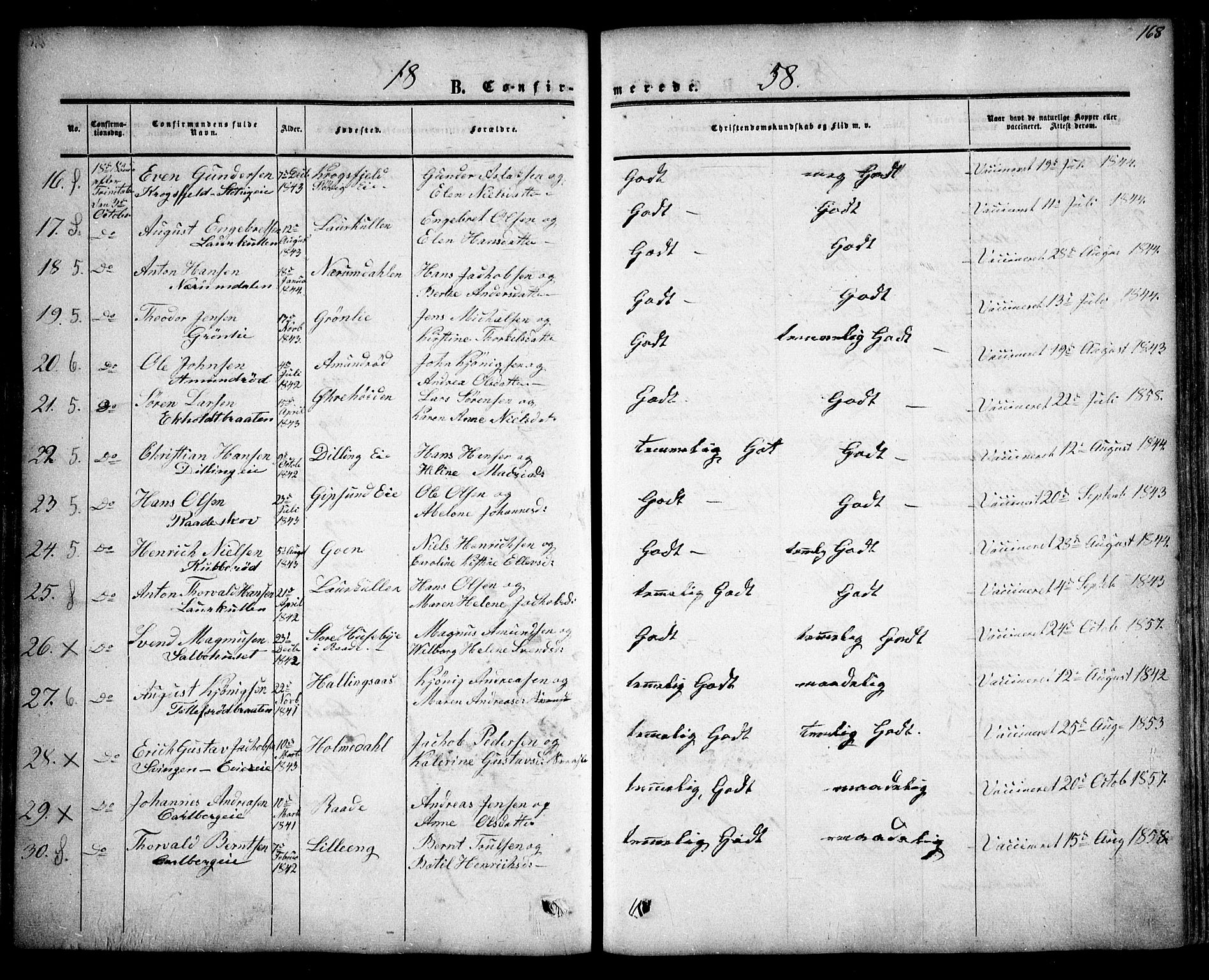 Rygge prestekontor Kirkebøker, AV/SAO-A-10084b/F/Fa/L0005: Parish register (official) no. 5, 1852-1871, p. 168