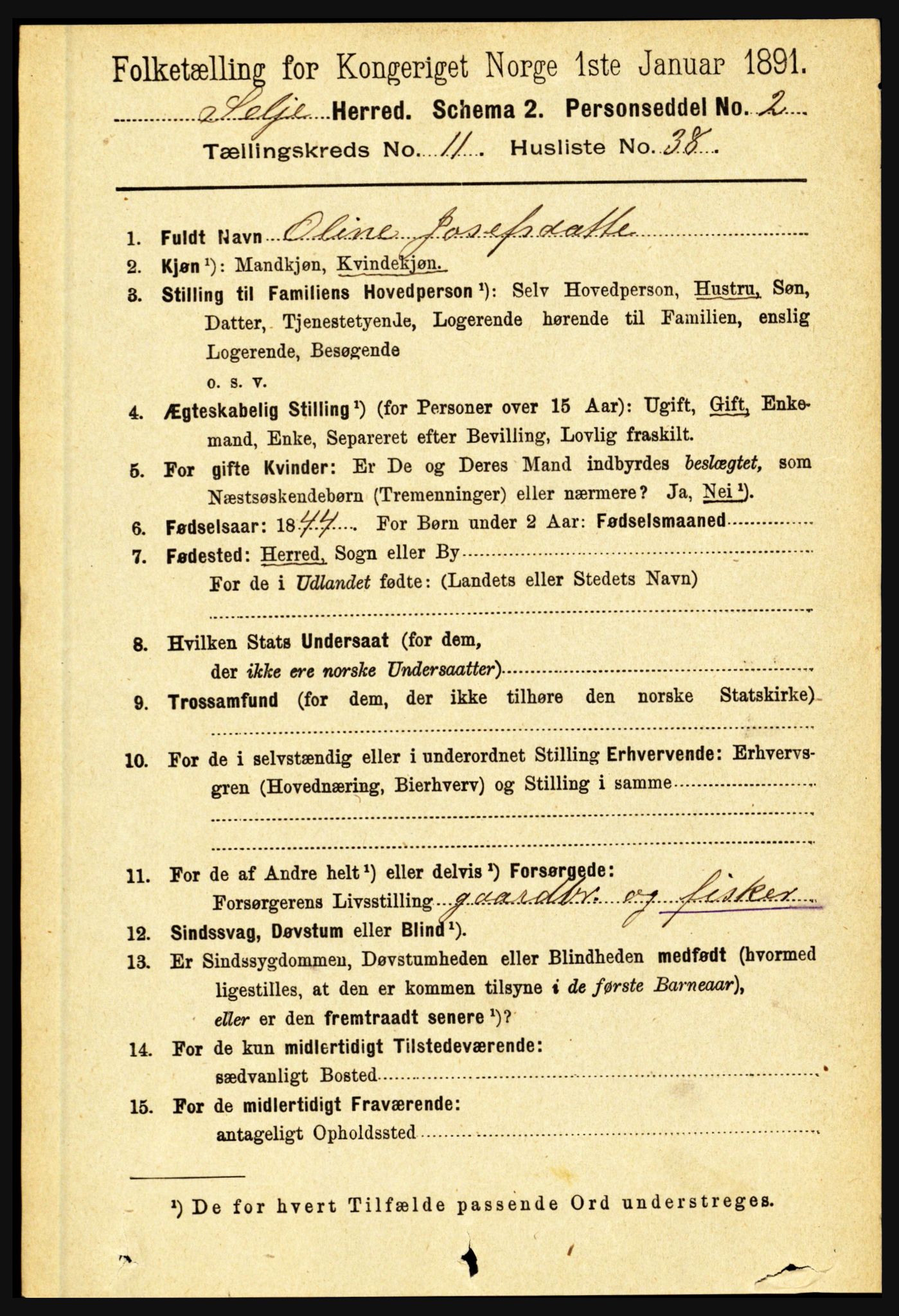 RA, 1891 census for 1441 Selje, 1891, p. 3619