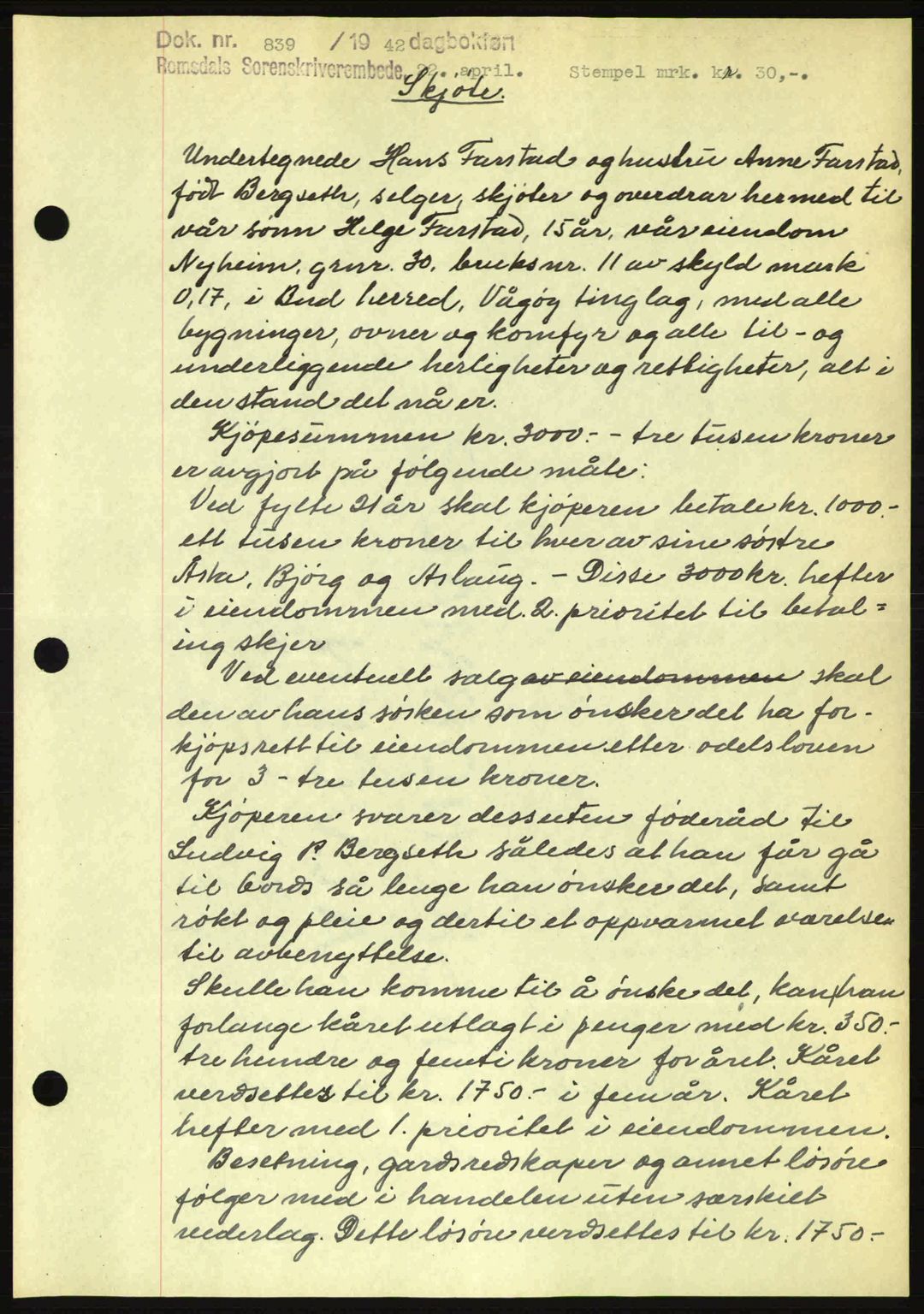 Romsdal sorenskriveri, AV/SAT-A-4149/1/2/2C: Mortgage book no. A12, 1942-1942, Diary no: : 839/1942