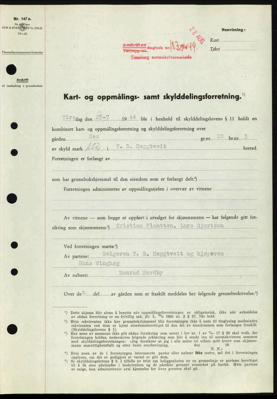 Tønsberg sorenskriveri, AV/SAKO-A-130/G/Ga/Gaa/L0015: Mortgage book no. A15, 1944-1944, Diary no: : 1835/1944