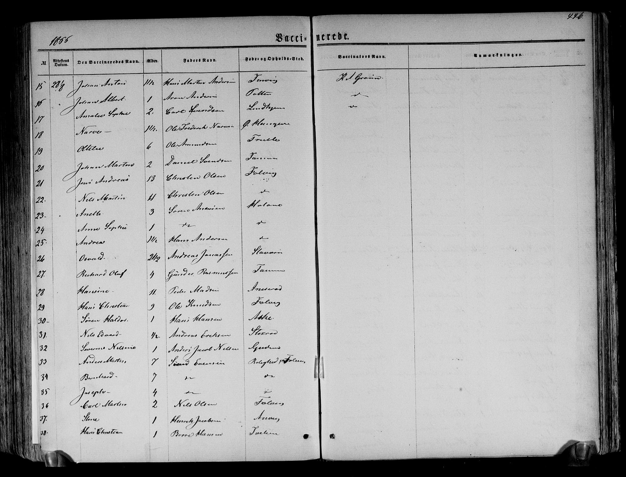 Brunlanes kirkebøker, AV/SAKO-A-342/F/Fa/L0005: Parish register (official) no. I 5, 1862-1877, p. 446