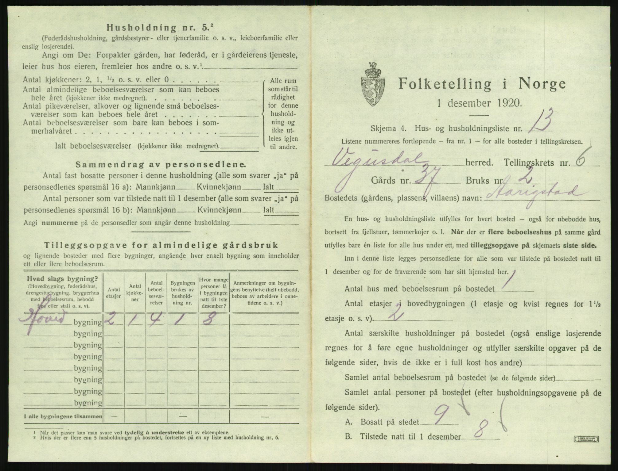 SAK, 1920 census for Vegusdal, 1920, p. 261