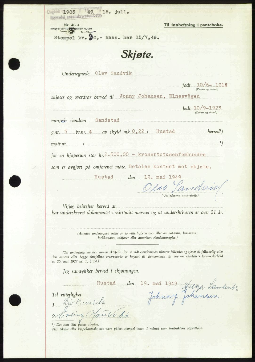 Romsdal sorenskriveri, AV/SAT-A-4149/1/2/2C: Mortgage book no. A30, 1949-1949, Diary no: : 1985/1949